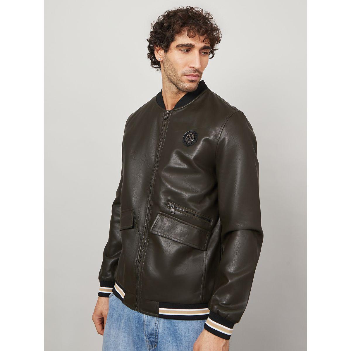 Styli Faux Leather Classic Bomber Jacket with Badge Detail-men-clothing-jacketsandblazers-jackets-image-3