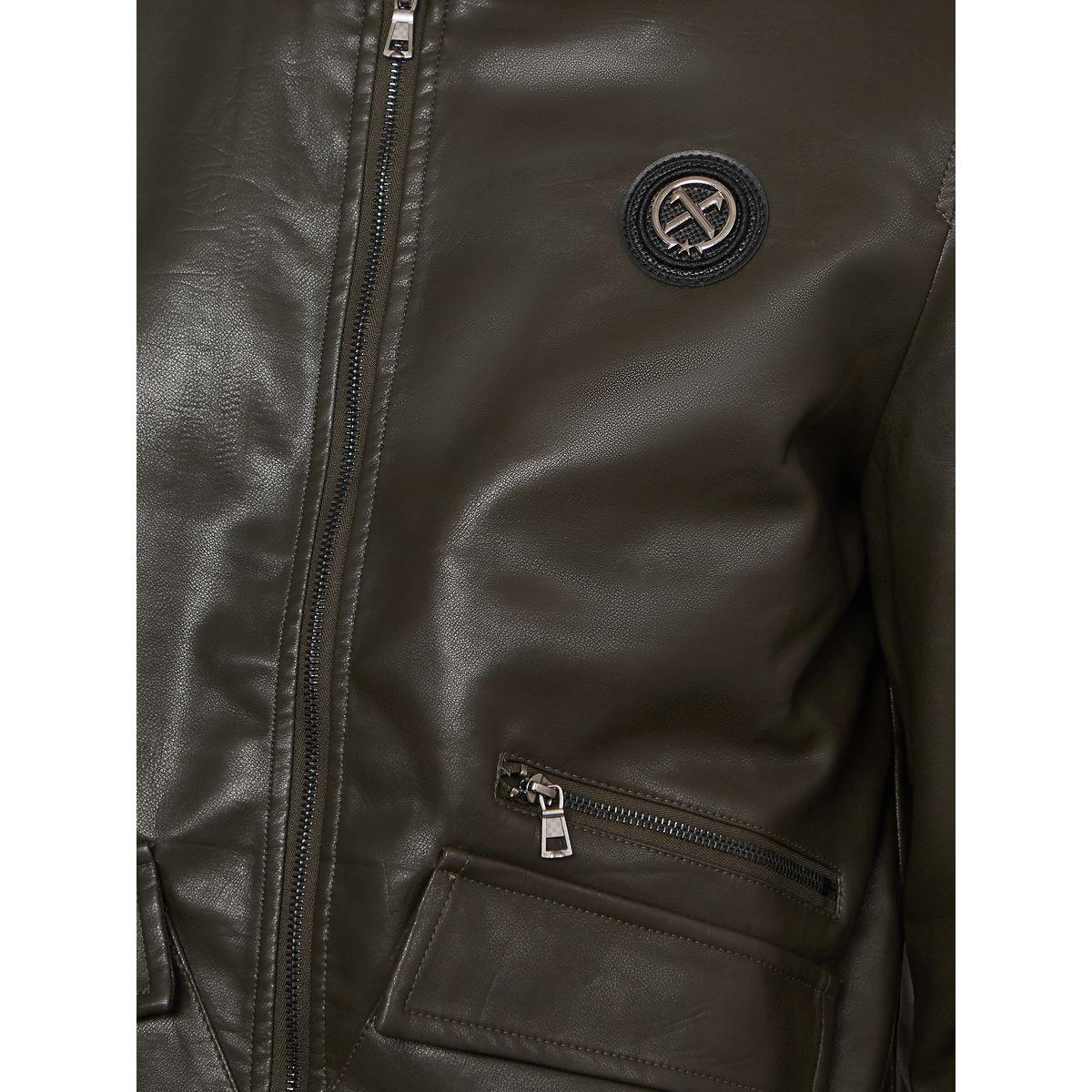 Styli Faux Leather Classic Bomber Jacket with Badge Detail-men-clothing-jacketsandblazers-jackets-image-4
