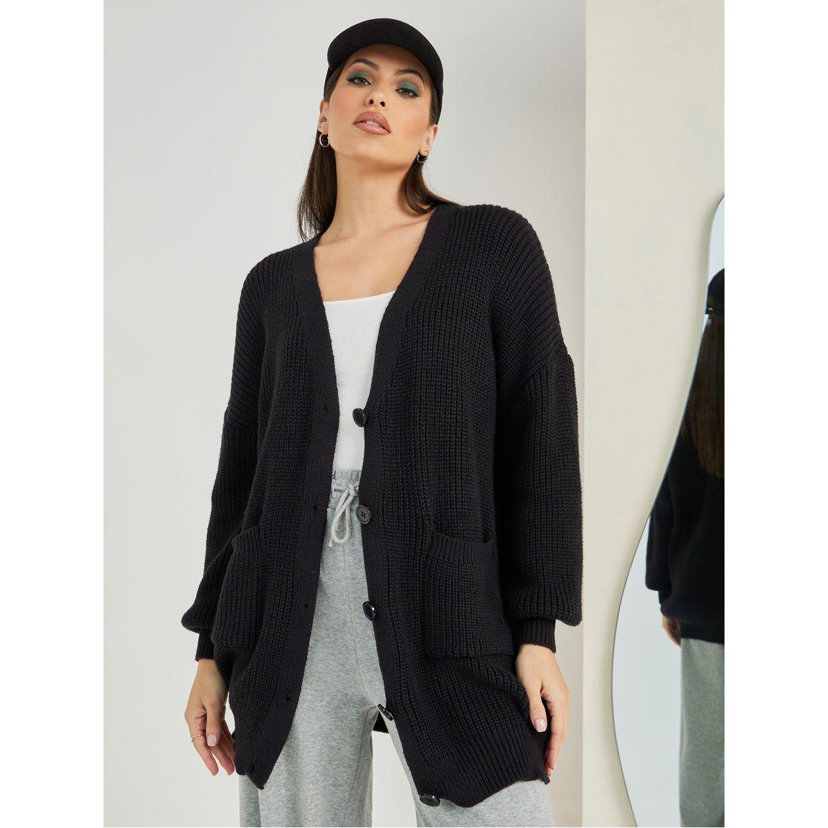 Styli Longline Chunky Knit Oversized Cardigan with Buttons-women-winterwear-cardigansandjumpers-cardigans-image-1