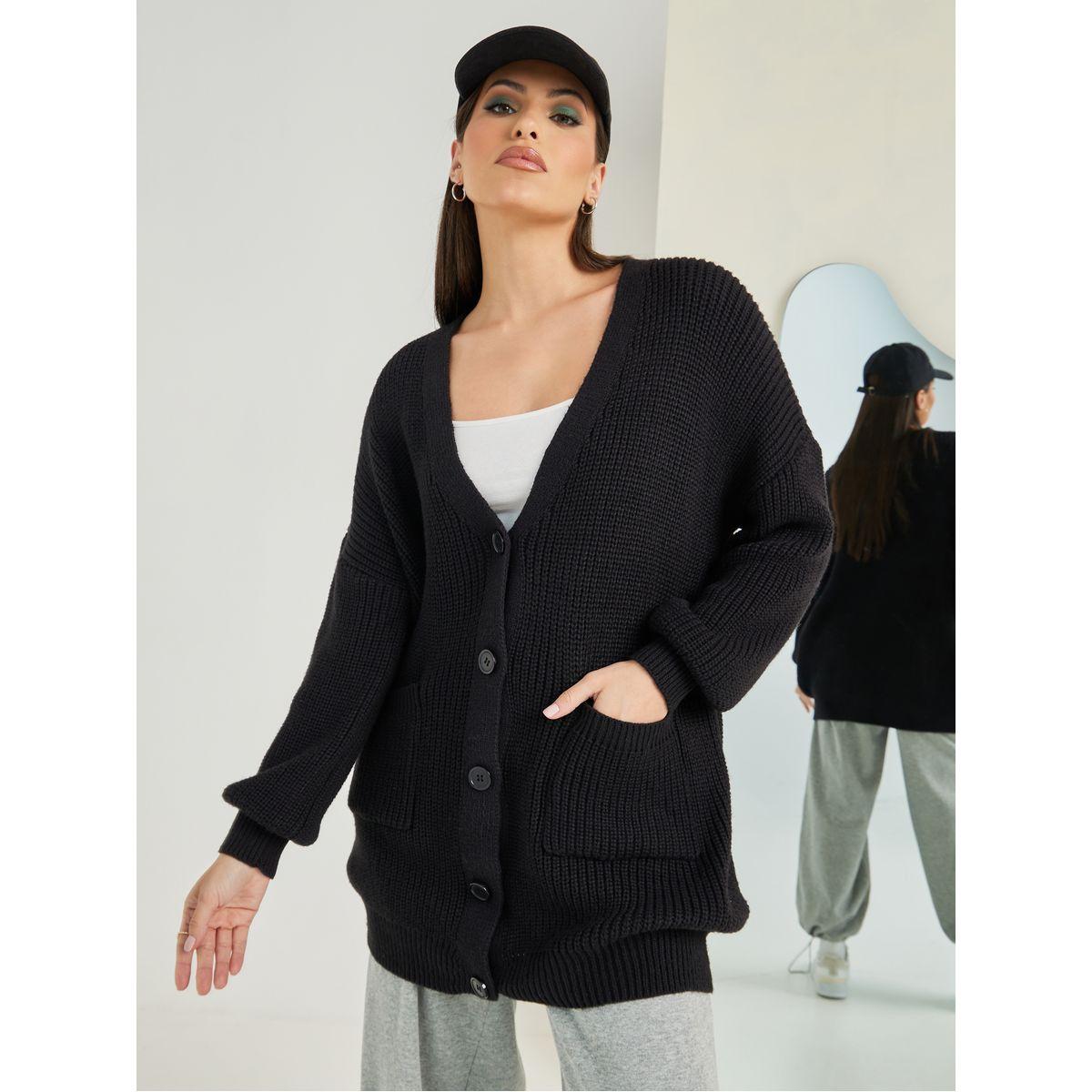 Styli Longline Chunky Knit Oversized Cardigan with Buttons-women-winterwear-cardigansandjumpers-cardigans-image-3