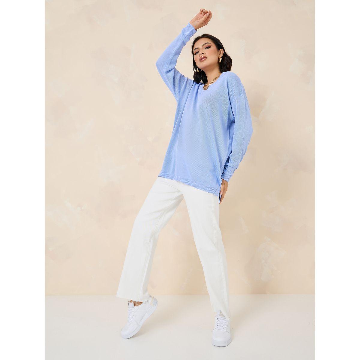 Styli Oversized Longline V Neck Sweater With Side Slits-women-clothing-cardigansandjumpers-jumpers-image-2