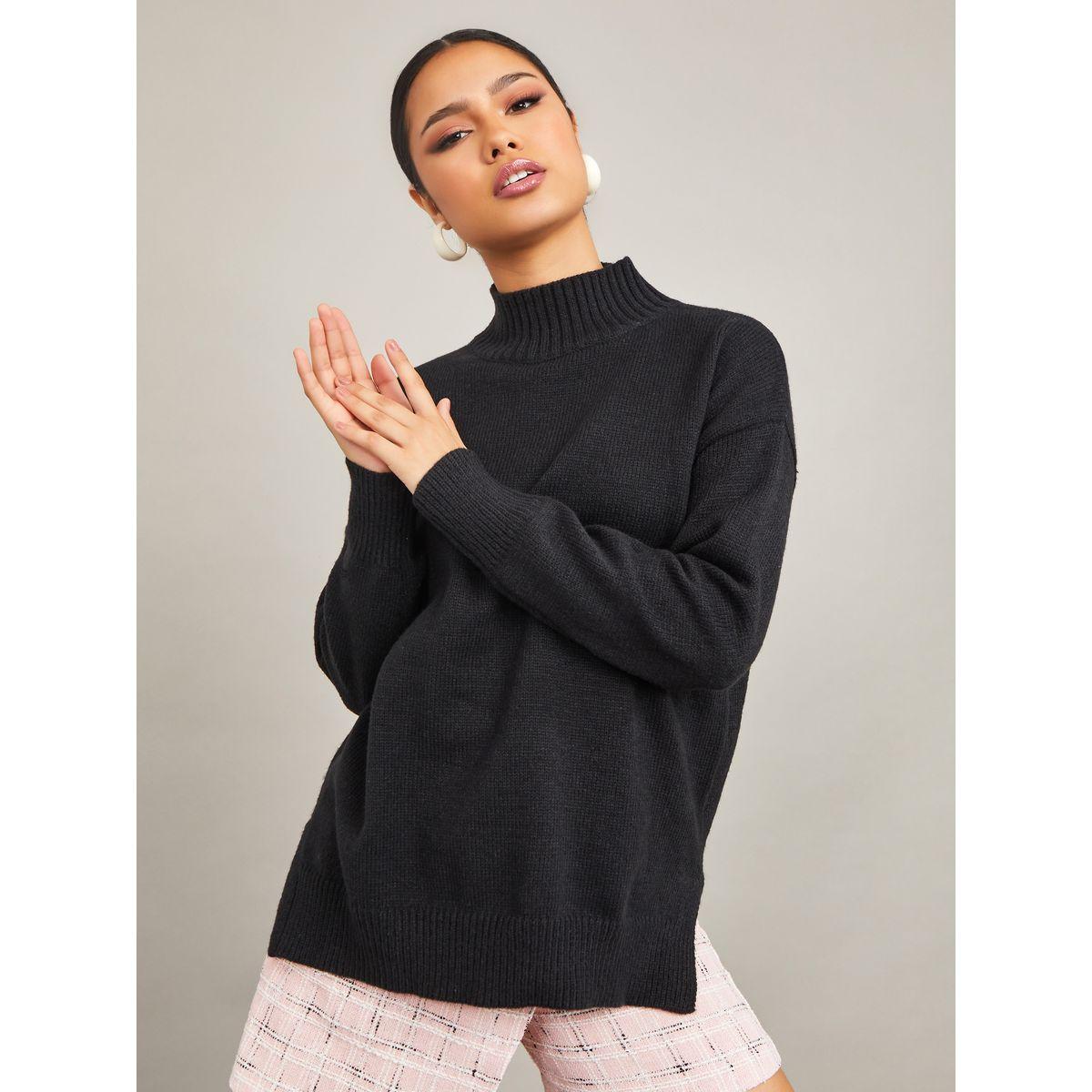 Styli Regular Length High Neck Oversized Sweater with Side Slit-women-clothing-cardigansandjumpers-jumpers-image-1
