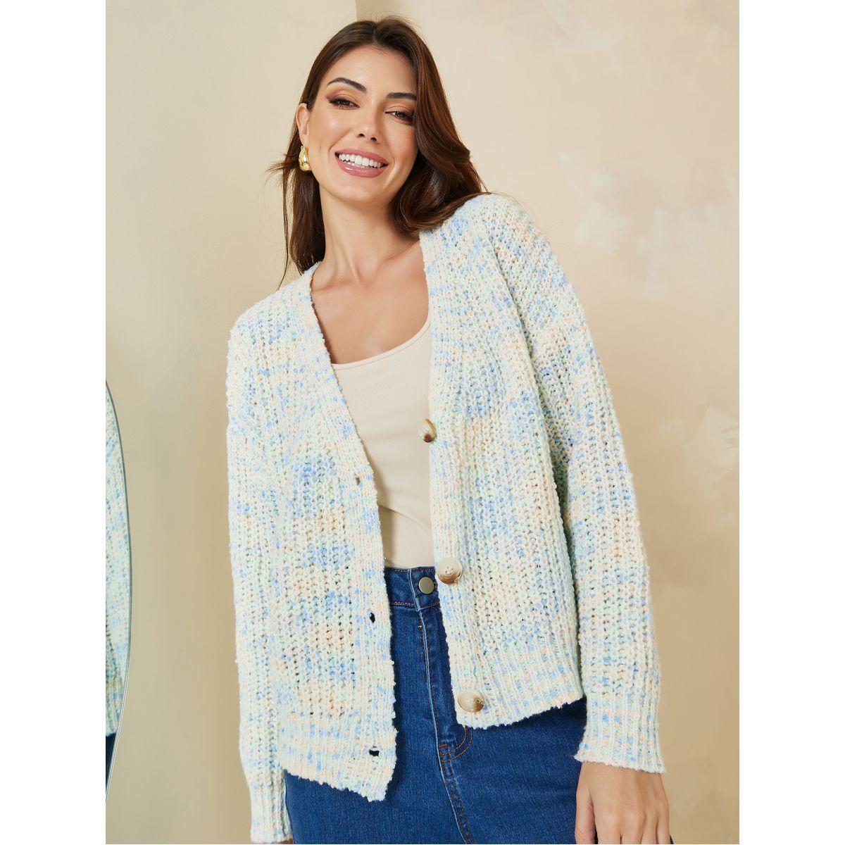 Styli Short Length Multi Yarn Button Down Boxy Fit Cardigan-women-winterwear-cardigansandjumpers-cardigans-image-1