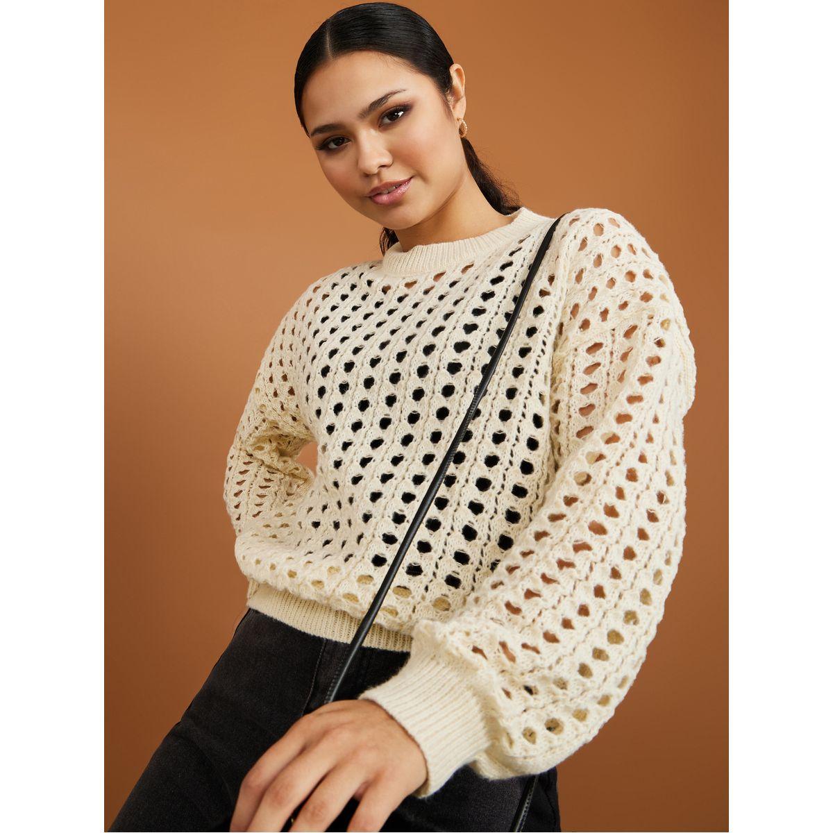 Buy Women s Styli Short Length Open Knit Boxy Fit Sweater Online