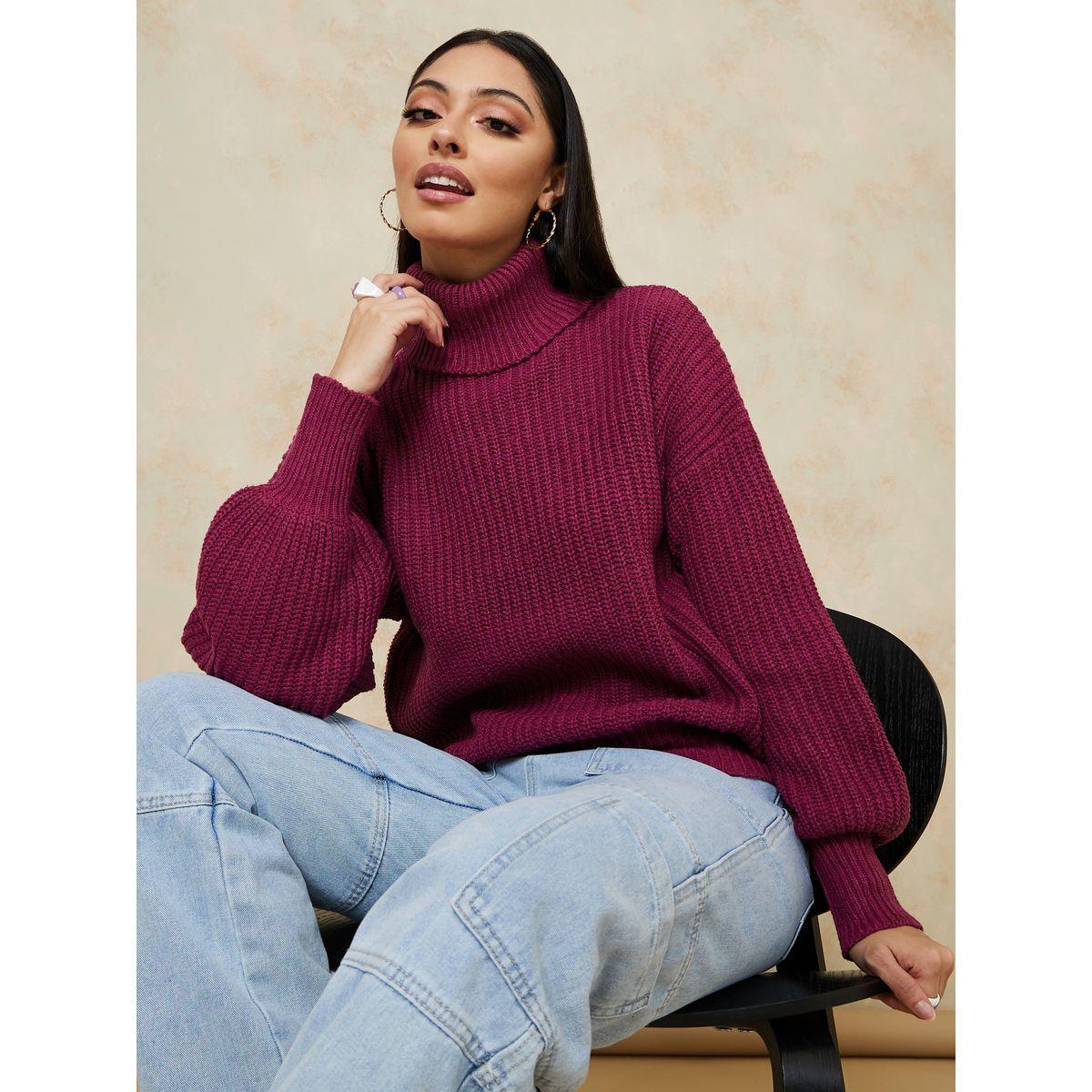 Styli Regular Length Chunky Knit Regular Fit Sweater with Cuffed Volume Sleeves-women-clothing-cardigansandjumpers-jumpers-image-1