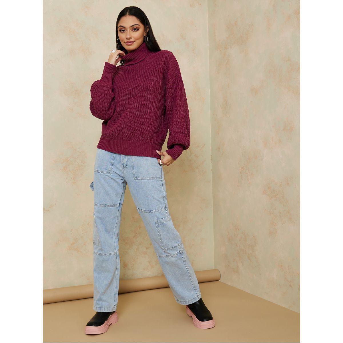Styli Regular Length Chunky Knit Regular Fit Sweater with Cuffed Volume Sleeves-women-clothing-cardigansandjumpers-jumpers-image-2