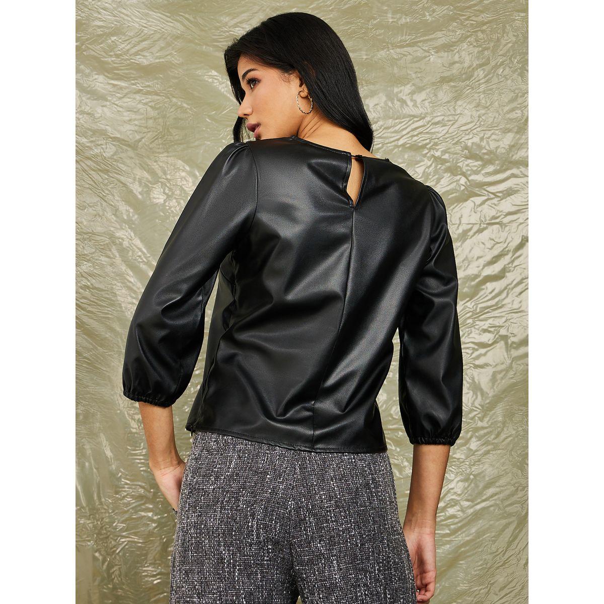 بلوزة جلد صناعي بياقة دائرية-women-clothing-shirtsandblouses-blouses-image-5