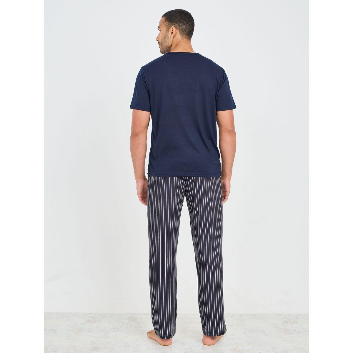 Styli Unwind Slogan Print T-shirt and Striped Pyjama Set-men-clothing-nightwear-sets-image-4