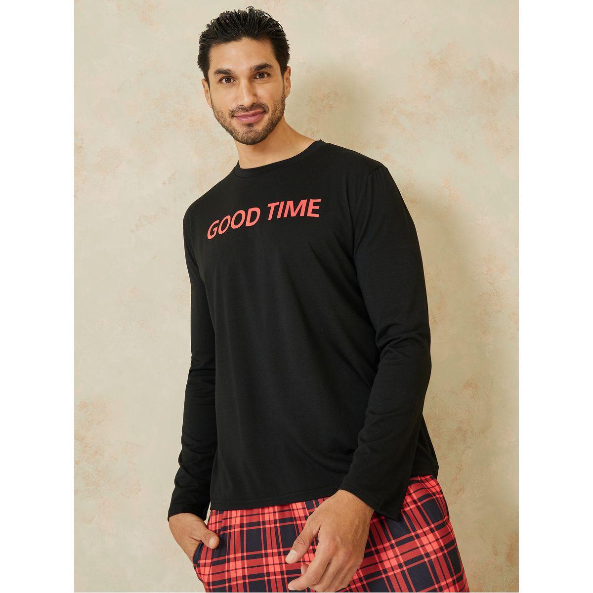 Styli Unwind Slogan Print Long Sleeves T-shirt and Checked Pyjama Set-men-clothing-nightwear-sets-image-3