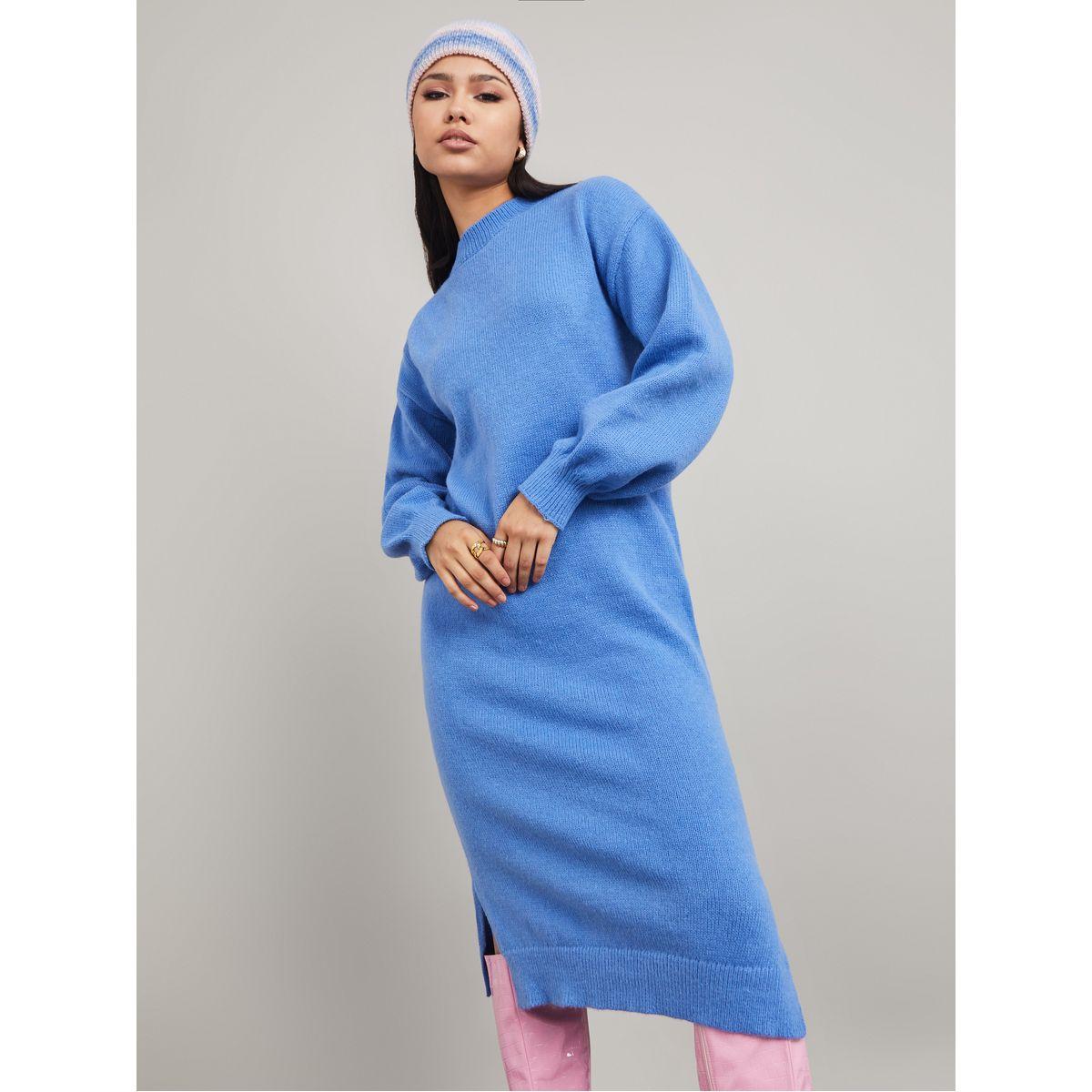 Styli High Neck Side Slit Detail Sweater Midi Winter Dress-women-clothing-dresses-image-1