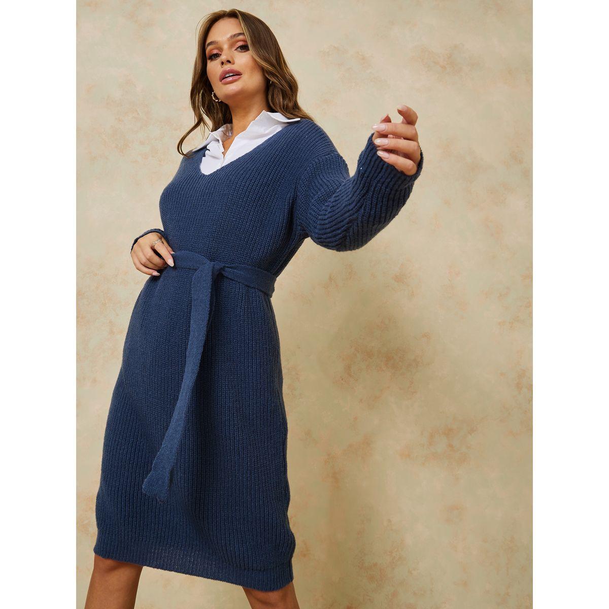 فستان بطول الركبة وكتف منخفض مع حزام-women-clothing-dresses-image-1