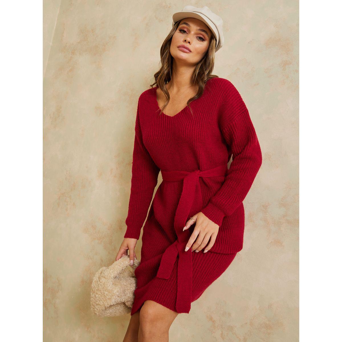 Styli Drop Shoulder  Knee Length Winter Sweater Dress with Tie Belt-women-clothing-dresses-image-1
