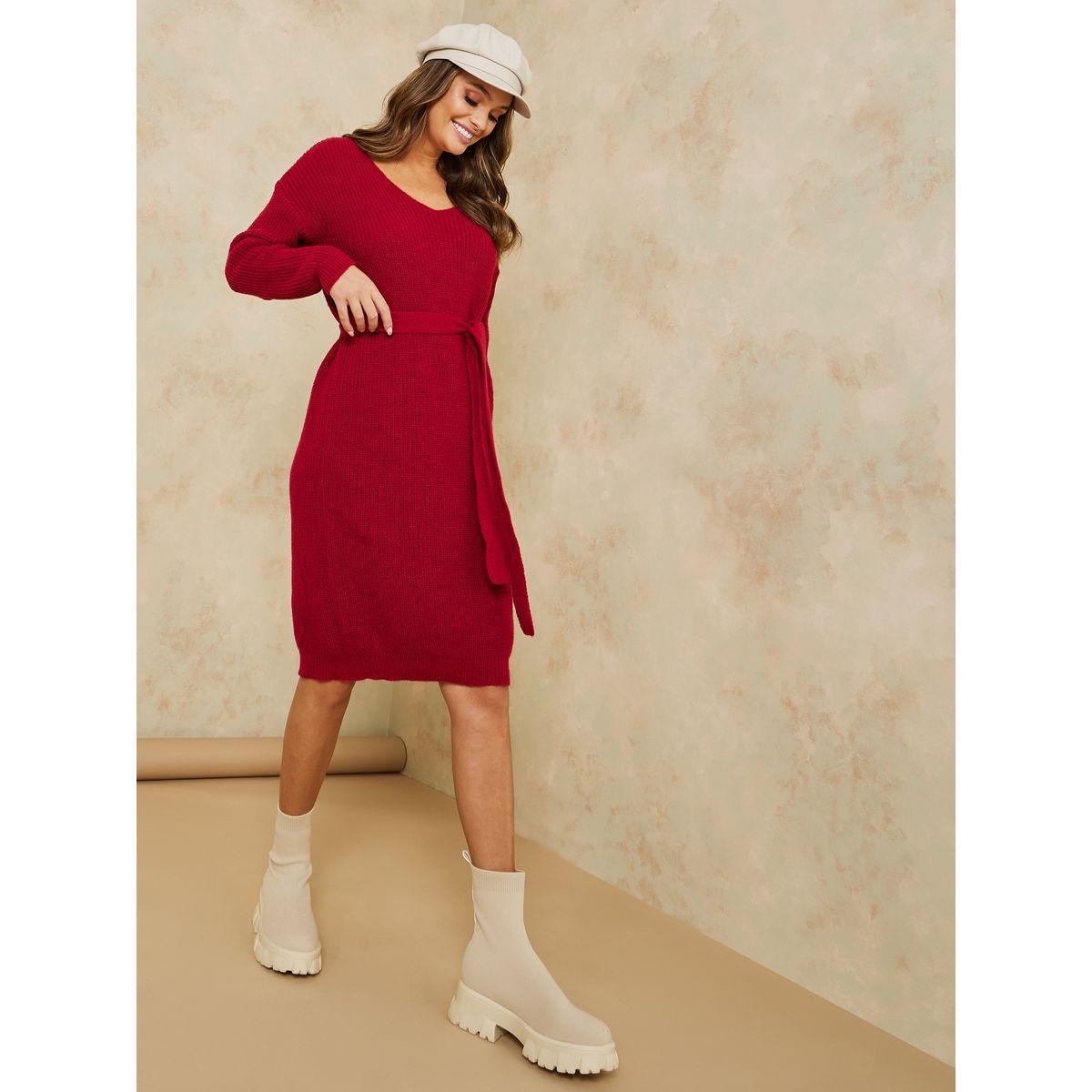 Styli Drop Shoulder  Knee Length Winter Sweater Dress with Tie Belt-women-clothing-dresses-image-2