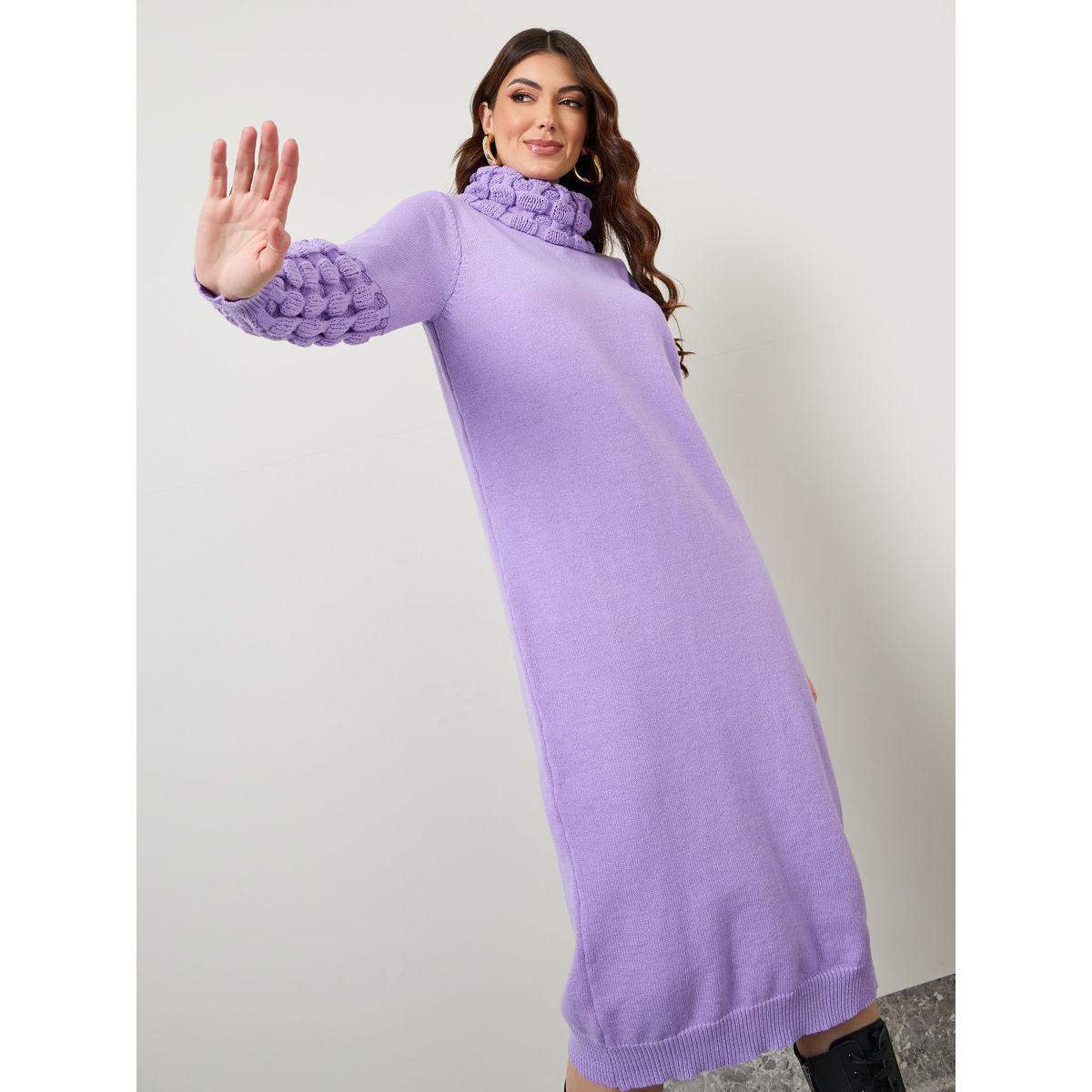 Styli Roll Neck Textured Cuff Sweater Midi Winter Dress-women-clothing-dresses-image-2