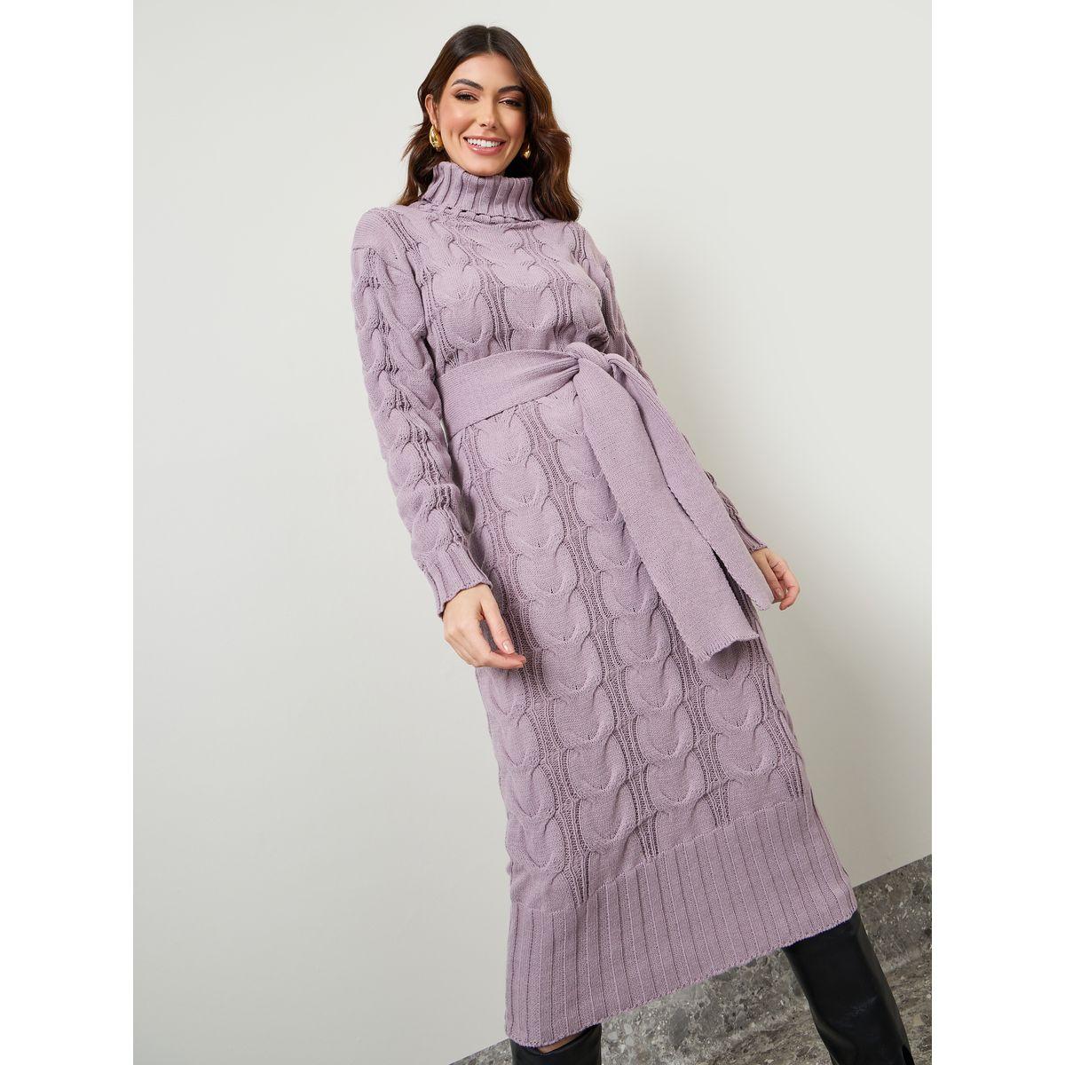 فستان ميدي محبوك بياقة عالية-women-clothing-dresses-image-1