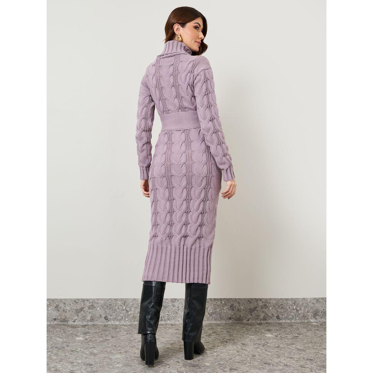 فستان ميدي محبوك بياقة عالية-women-clothing-dresses-image-4