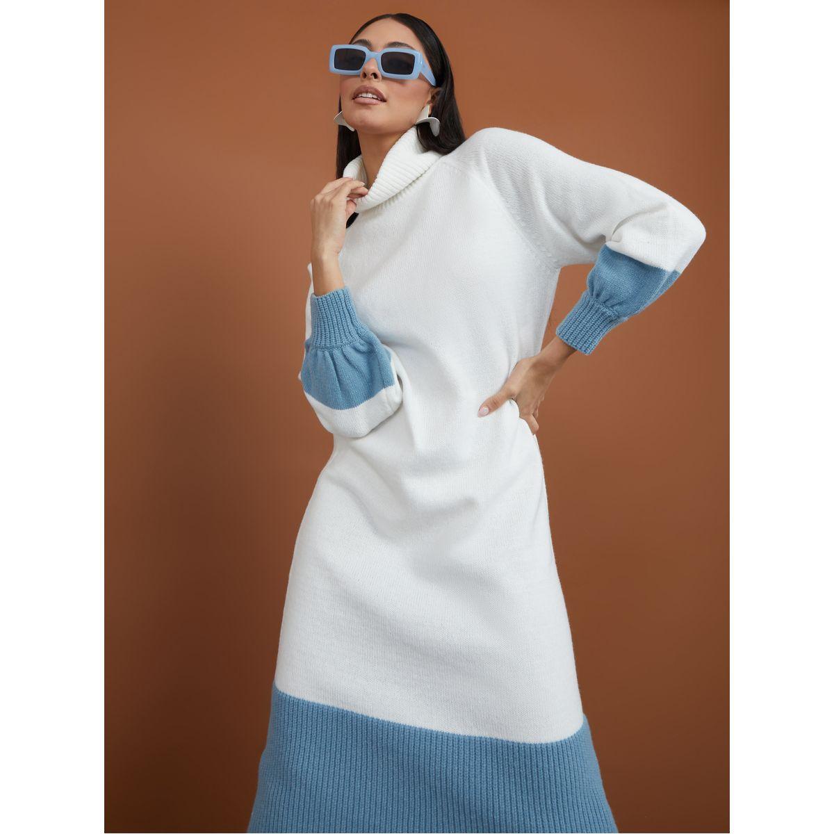 Styli Turtle Neck Colorblock Sweater Midi Winter Dress-women-clothing-dresses-image-1