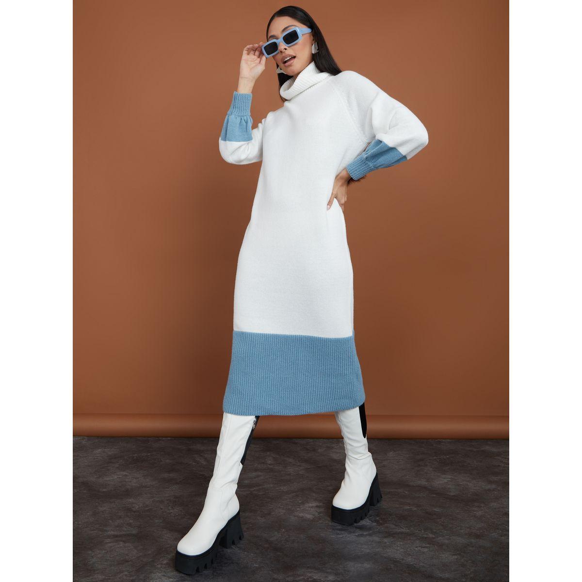Styli Turtle Neck Colorblock Sweater Midi Winter Dress-women-clothing-dresses-image-2
