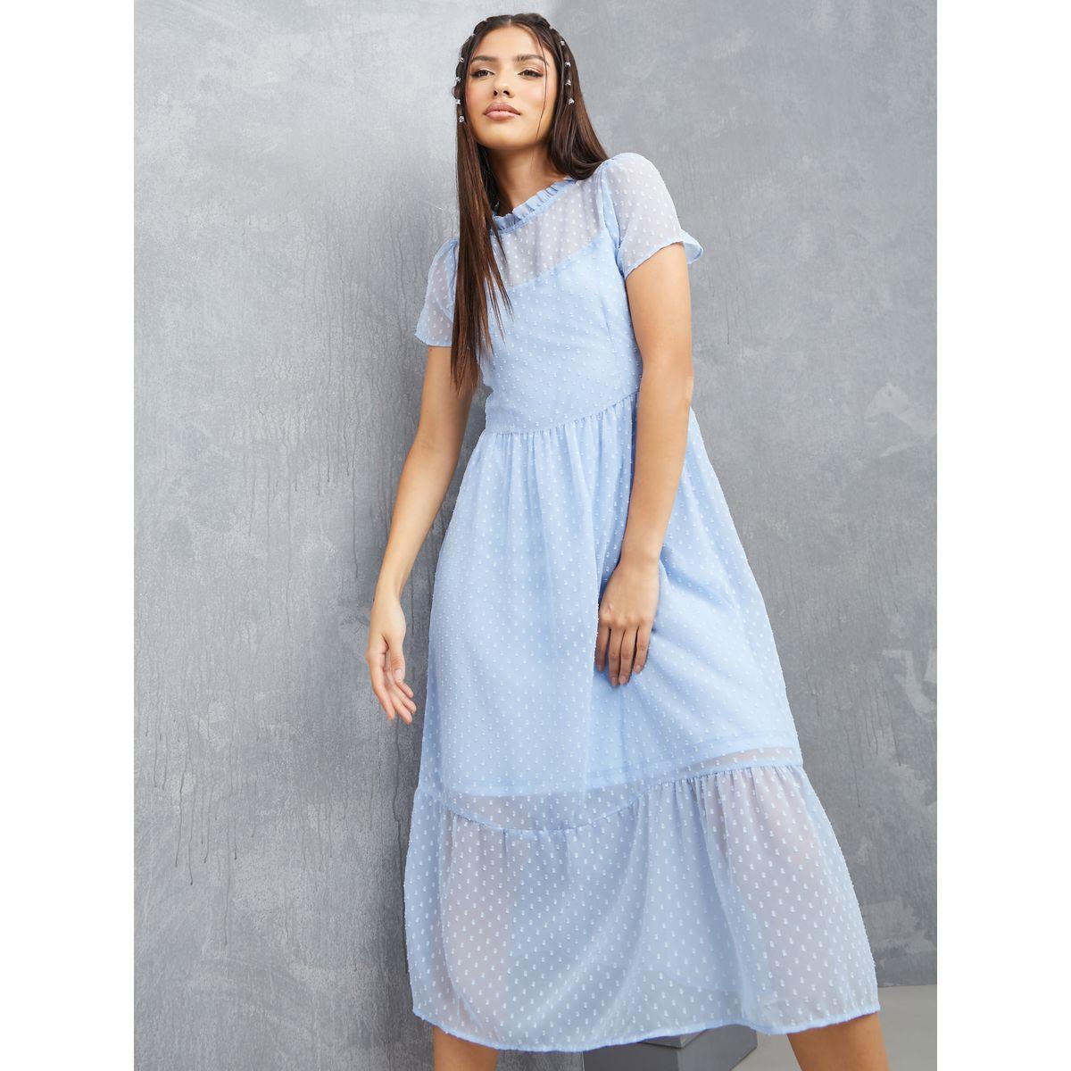 Styli High Neck Dobby Spot A-Line Midi Dress-women-clothing-dresses-image-1