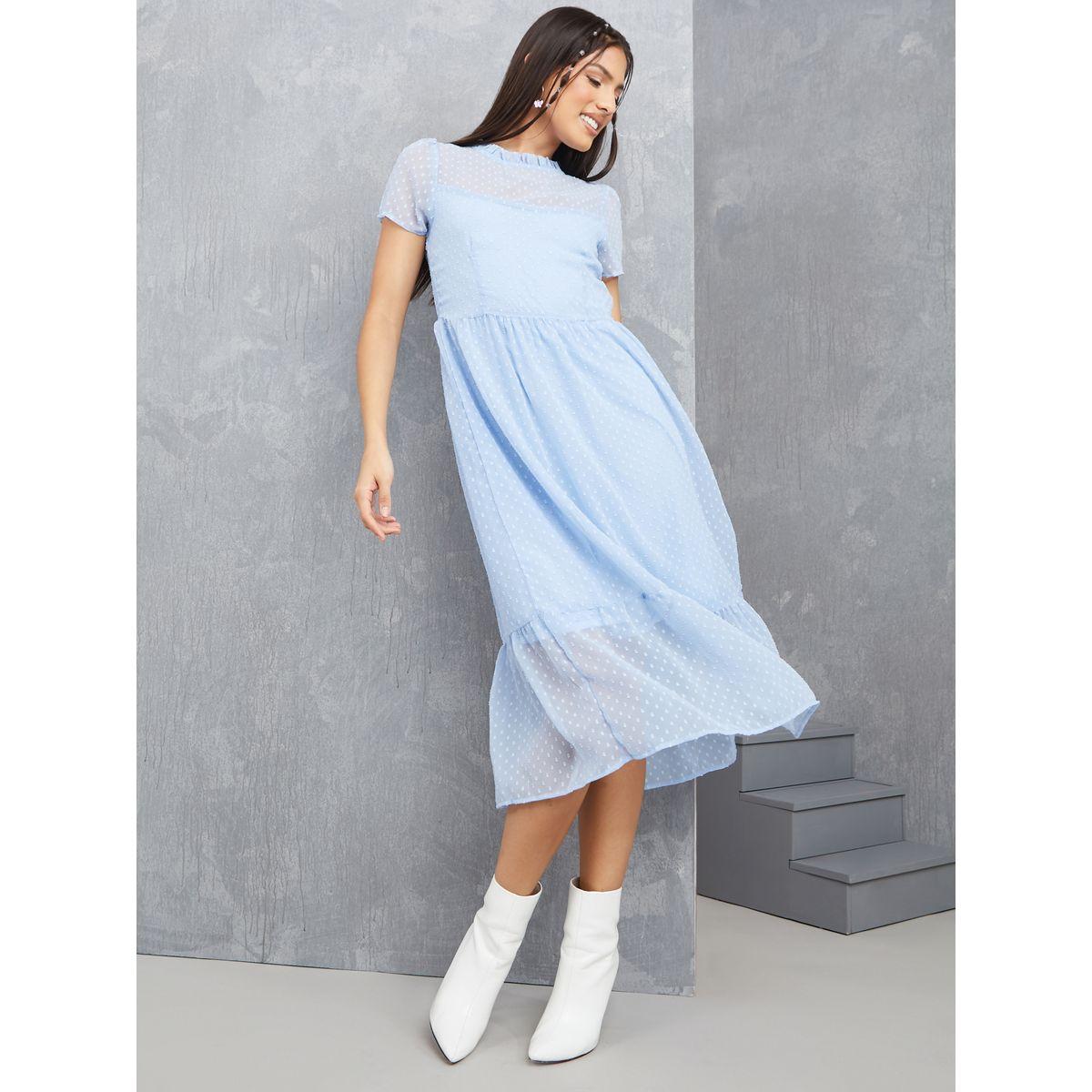 Styli High Neck Dobby Spot A-Line Midi Dress-women-clothing-dresses-image-2