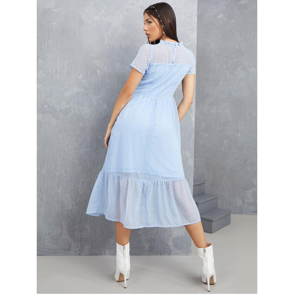 Styli High Neck Dobby Spot A-Line Midi Dress-women-clothing-dresses-image-4