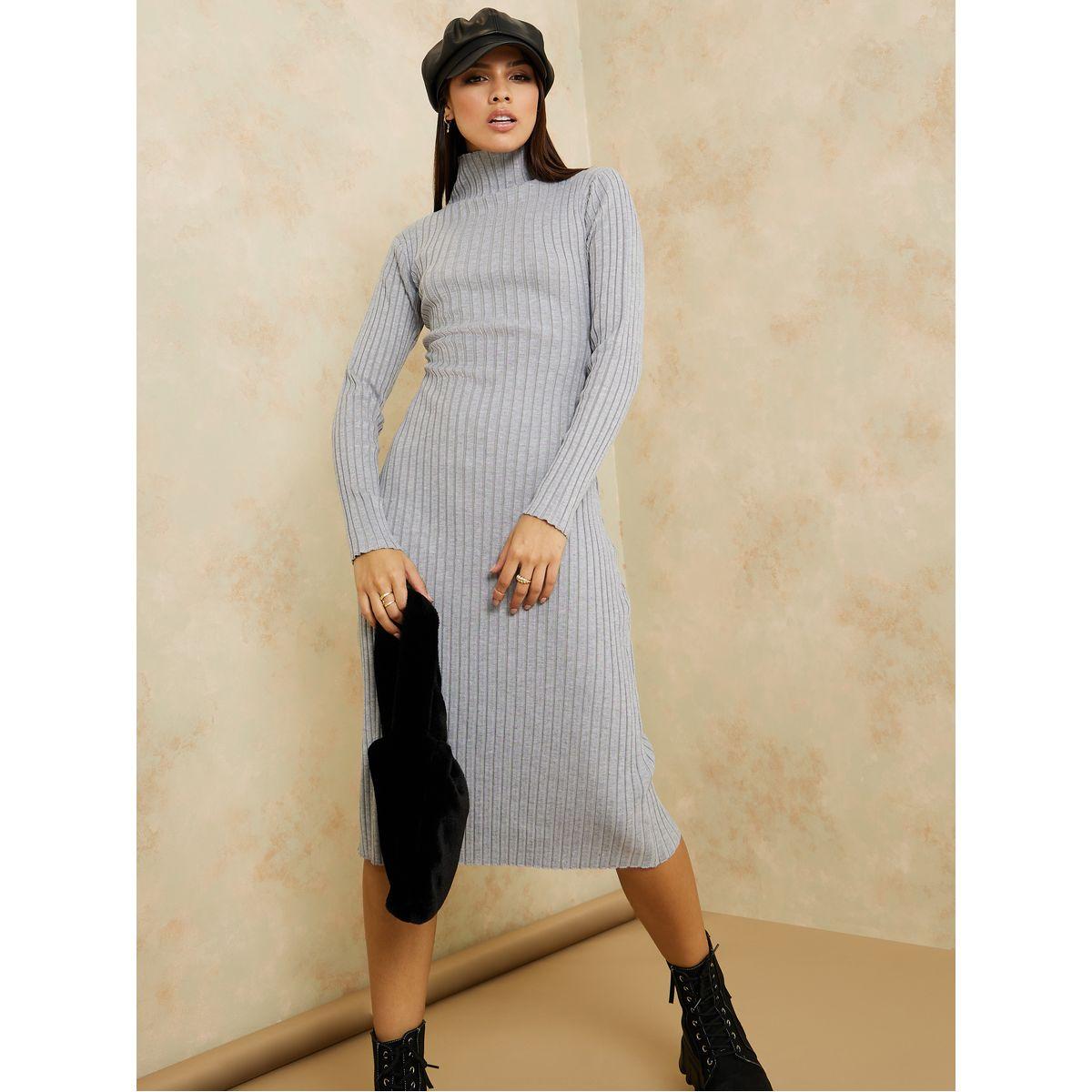 فستان ميدي محبوك بياقة عالية-women-clothing-dresses-image-1