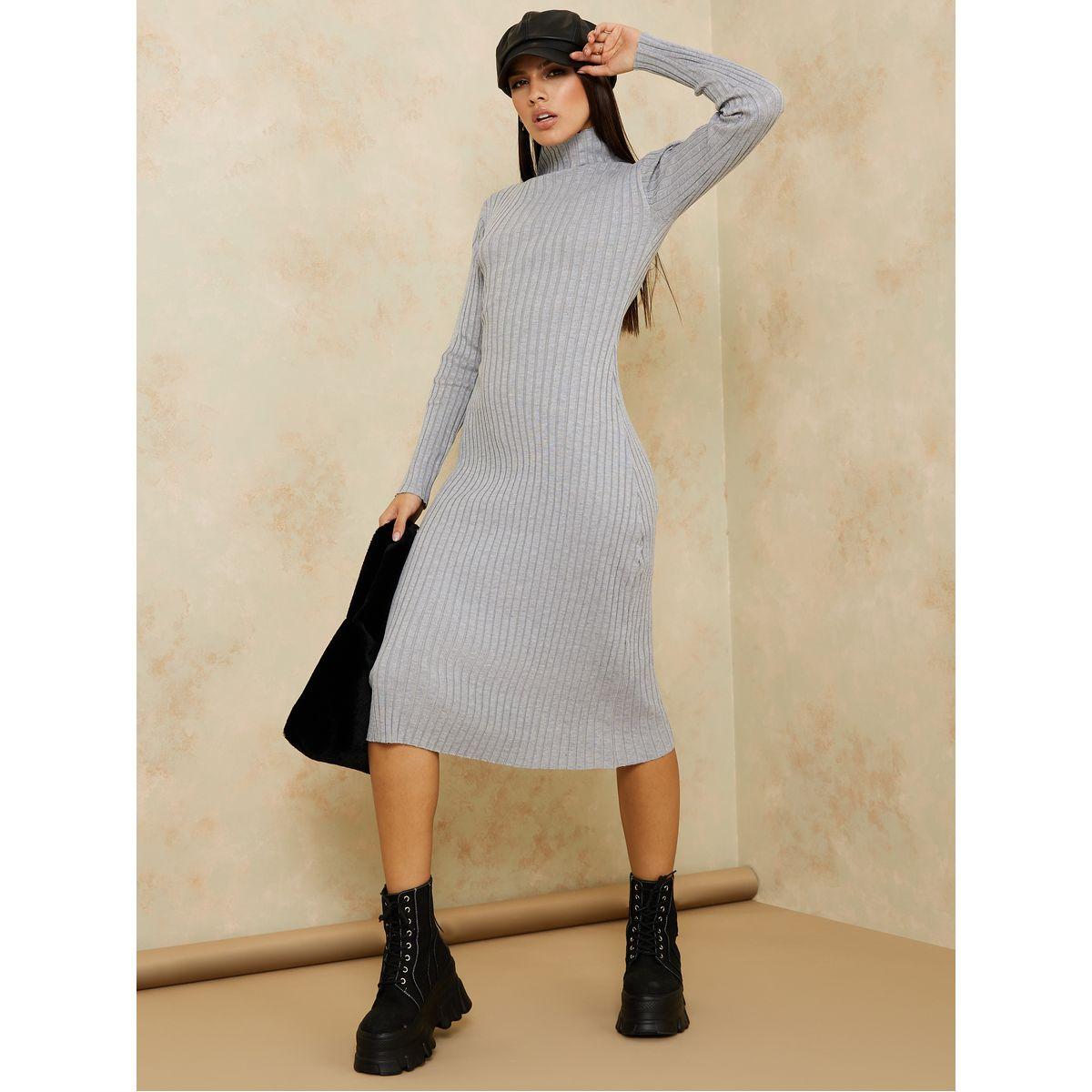 فستان ميدي محبوك بياقة عالية-women-clothing-dresses-image-2