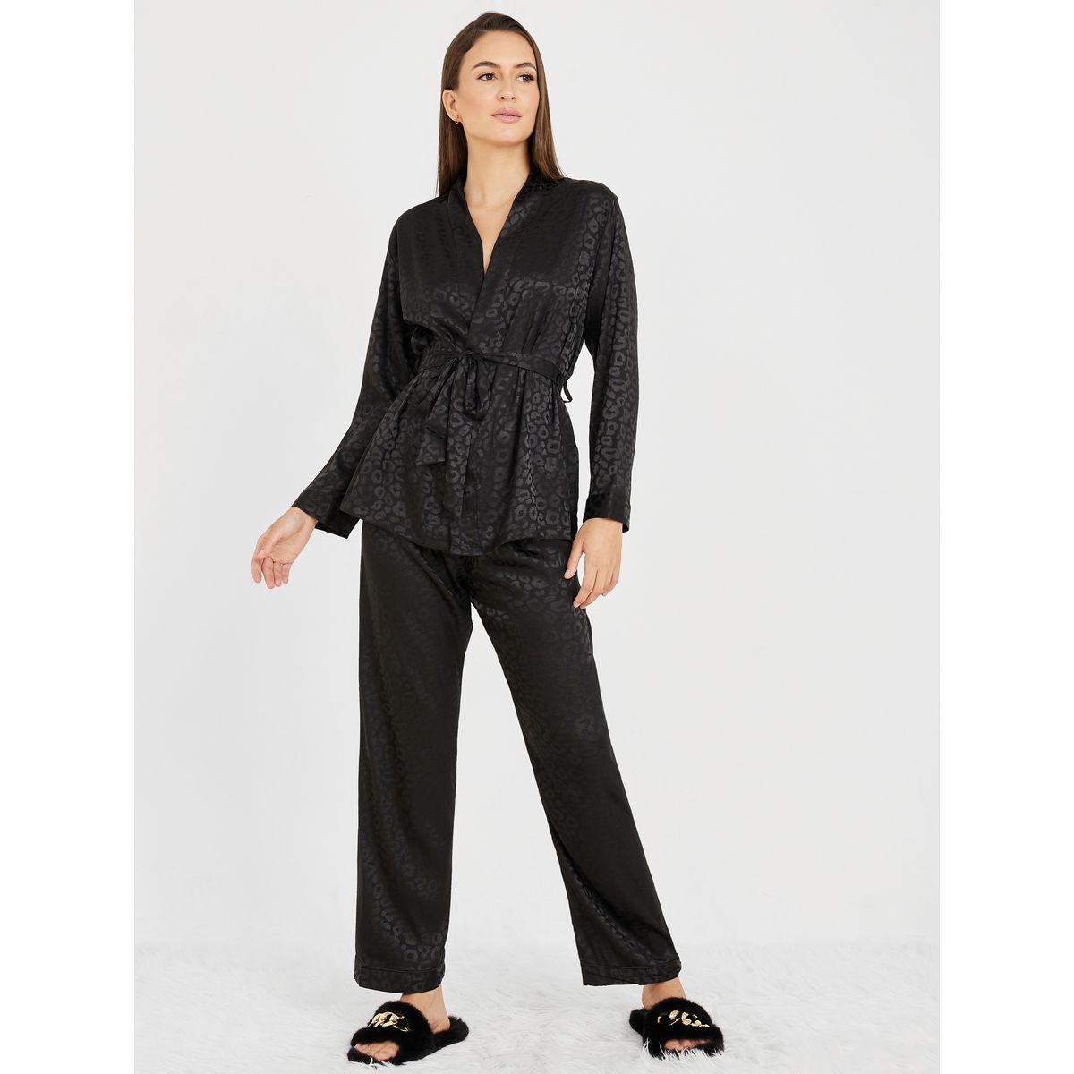 Styli Unwind Animal Satin Jacquard Belted Wrap Shirt and Pyjama Set-women-clothing-nightwear-pyjamas-longsets-image-1