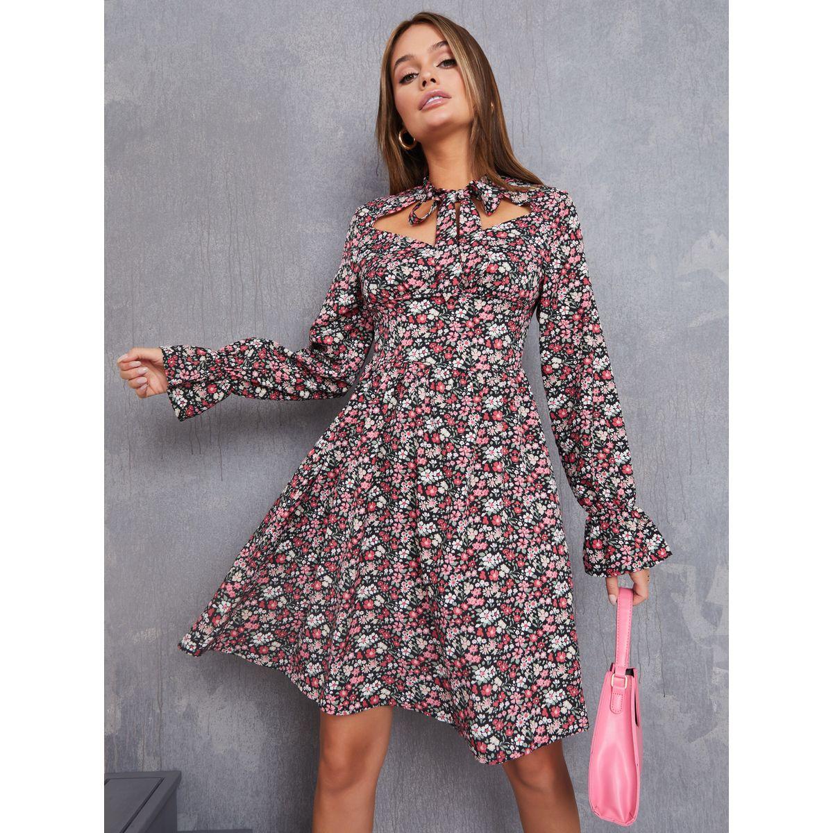 فستان بطول الركبة مطبع بزهور-women-clothing-dresses-image-1