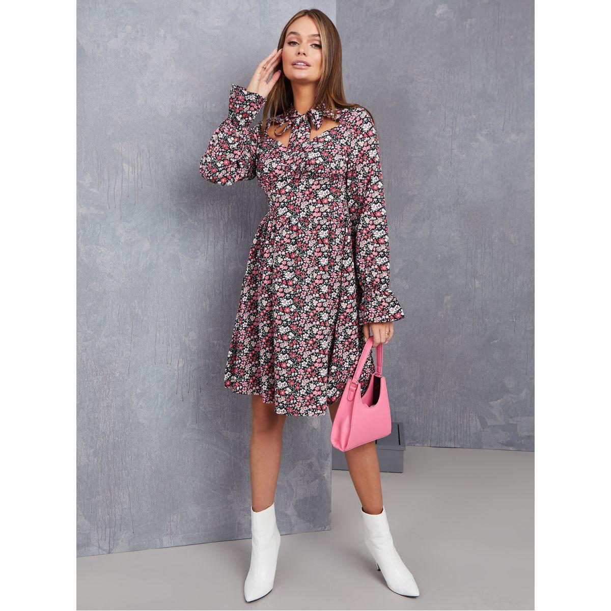 فستان بطول الركبة مطبع بزهور-women-clothing-dresses-image-2