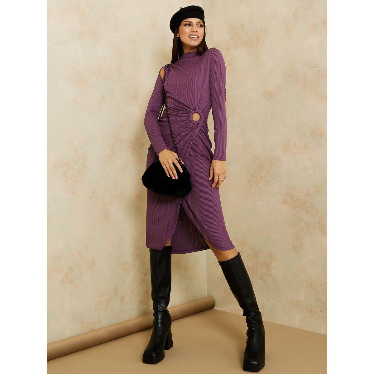 فستان ميدي مضلع باكمام طويلة-women-clothing-dresses-image-1