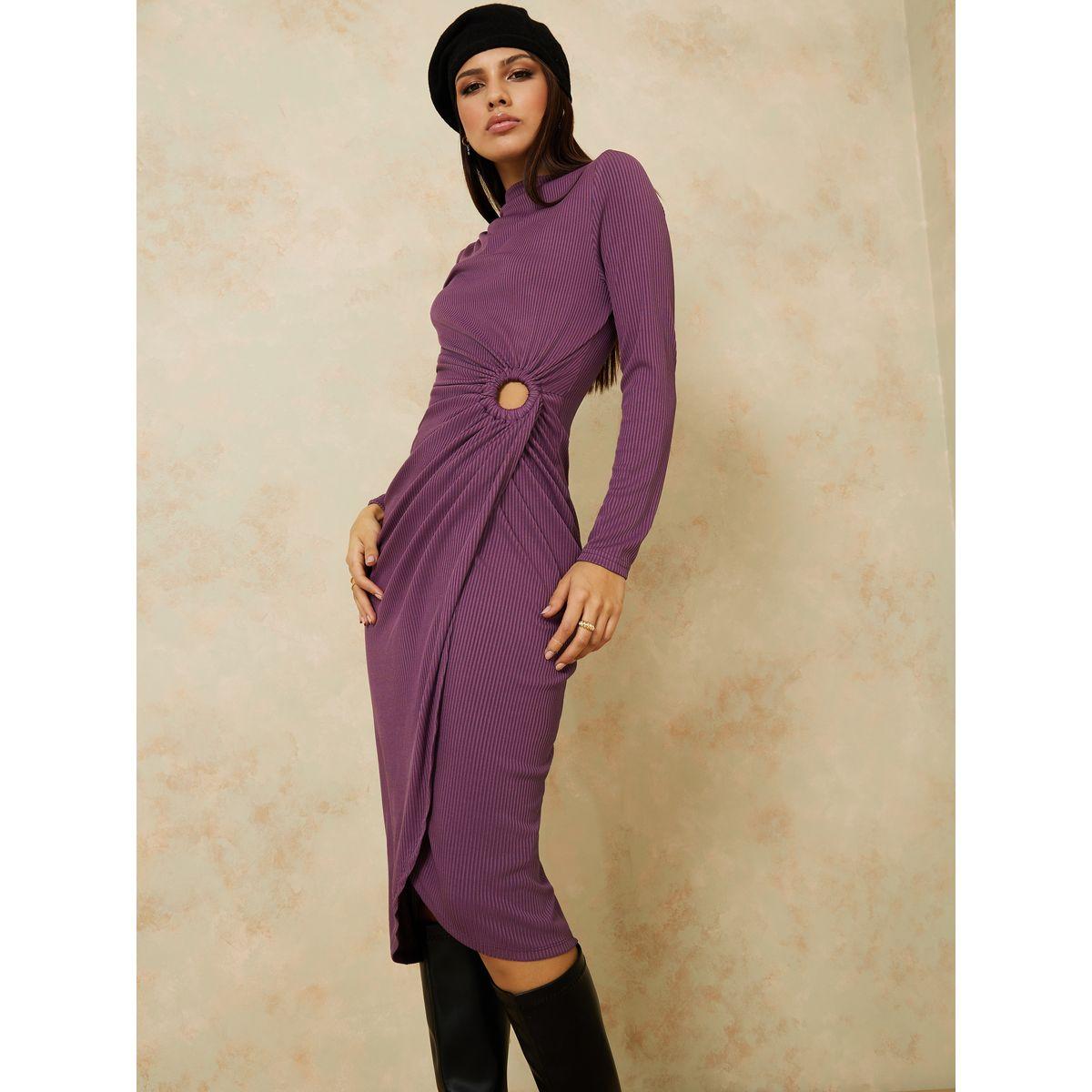 فستان ميدي مضلع باكمام طويلة-women-clothing-dresses-image-2