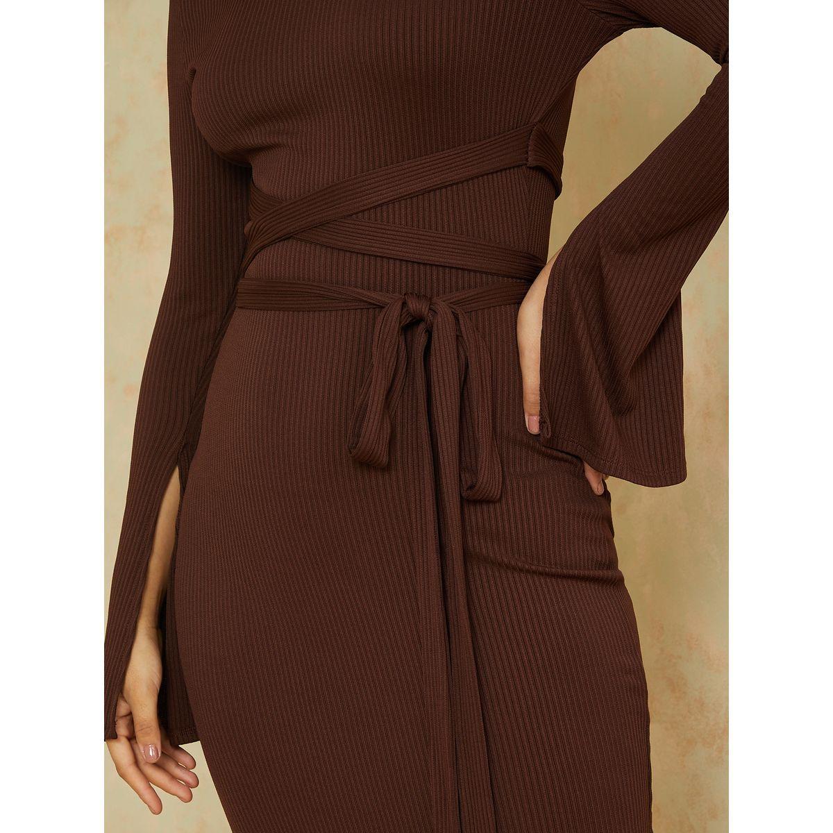 فستان طويل باربطة وشق جانبي-women-clothing-dresses-image-2