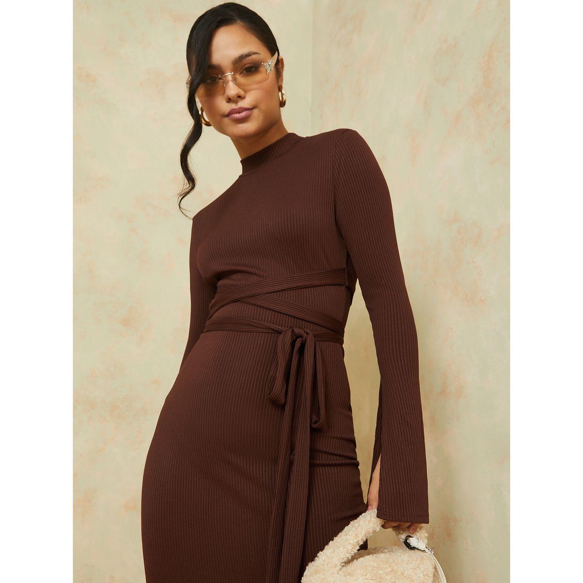 Styli Slit Sleeve Rib Winter Maxi Dress with Tie-Waist-women-clothing-dresses-image-3