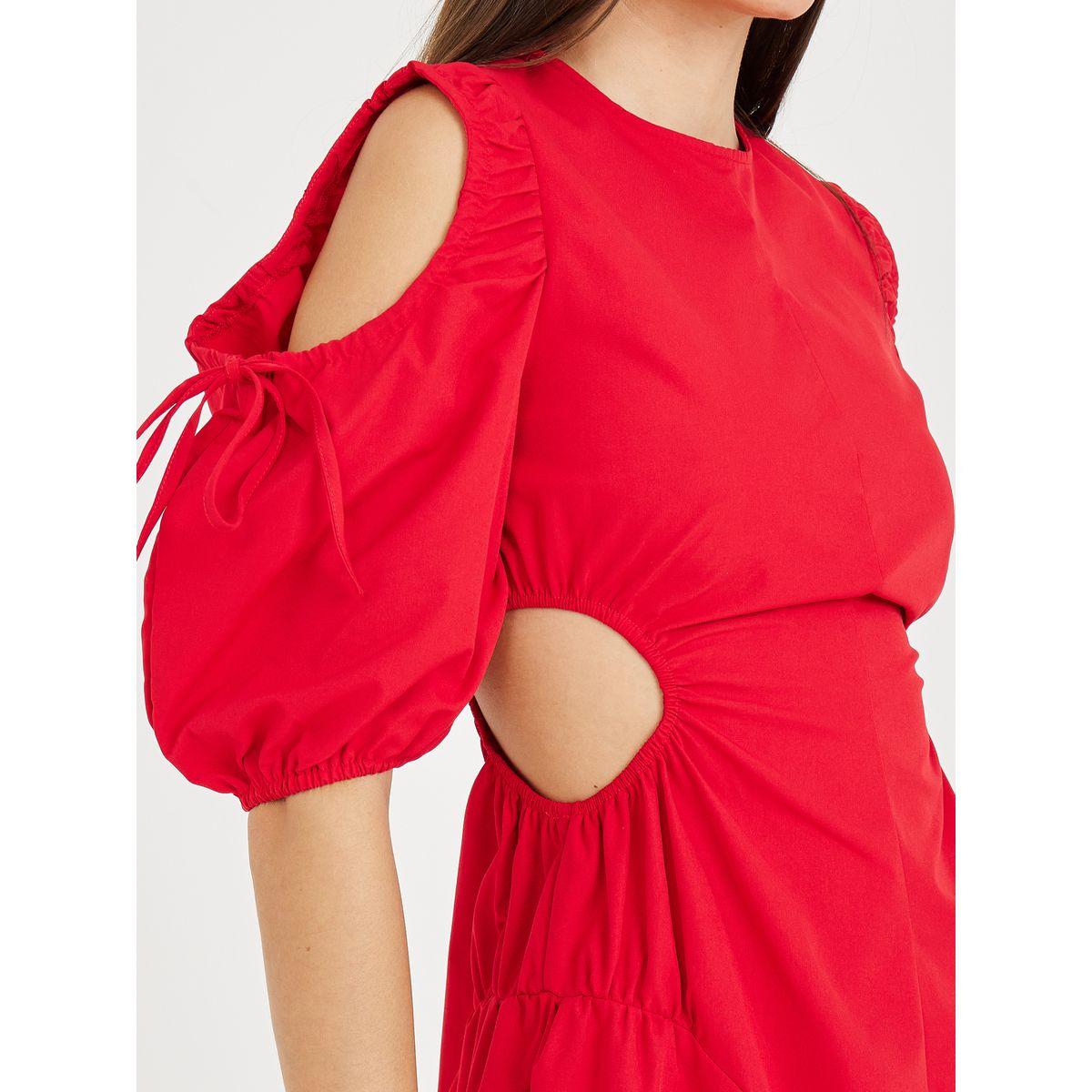 Styli Cold Shoulder Sleeves Ruched Detail A-Line Midi Dress-women-clothing-dresses-image-3