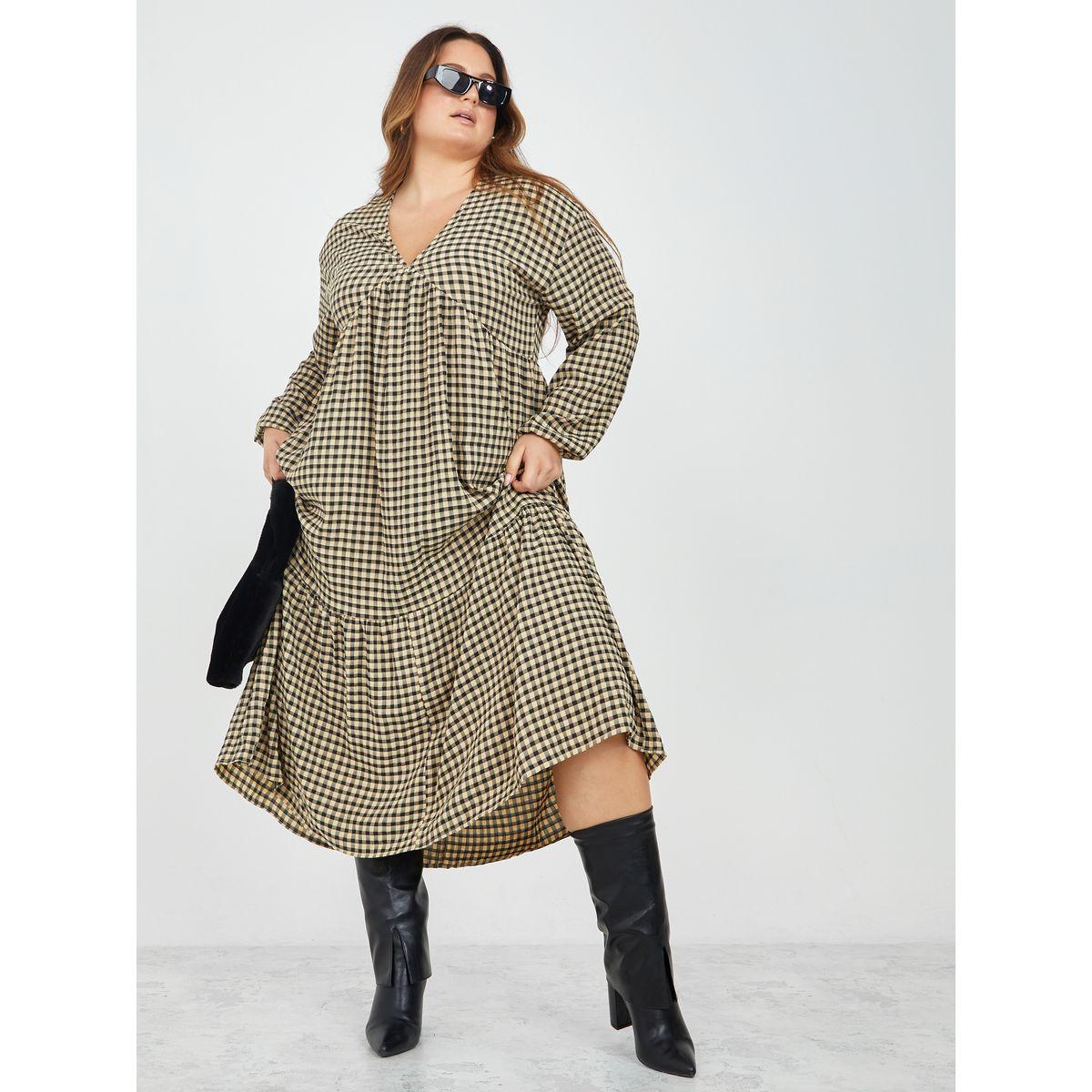 Styli Plus Long Sleeves Gingham Check Tiered Midi Dress-women-clothing-dresses-image-1