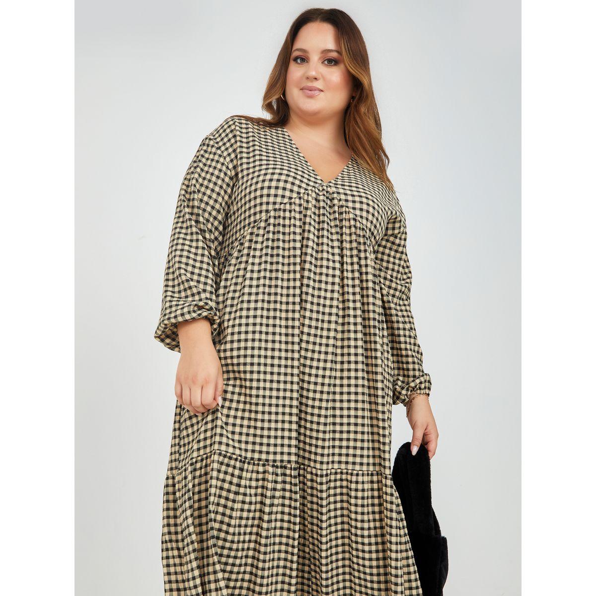 Styli Plus Long Sleeves Gingham Check Tiered Midi Dress-women-clothing-dresses-image-2