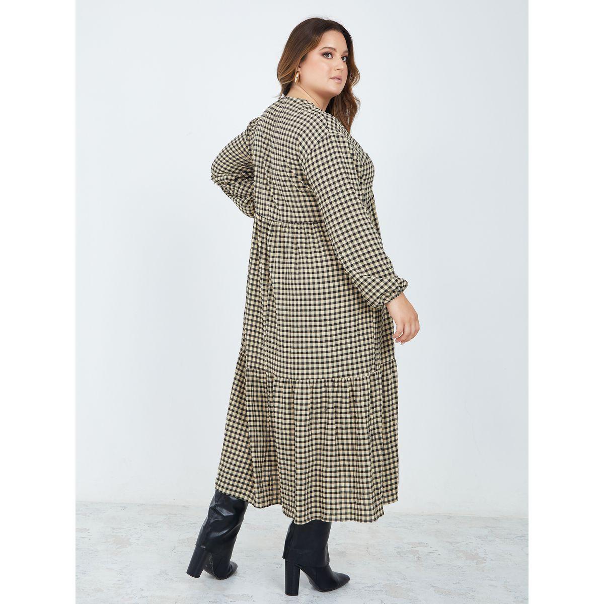 Styli Plus Long Sleeves Gingham Check Tiered Midi Dress-women-clothing-dresses-image-4