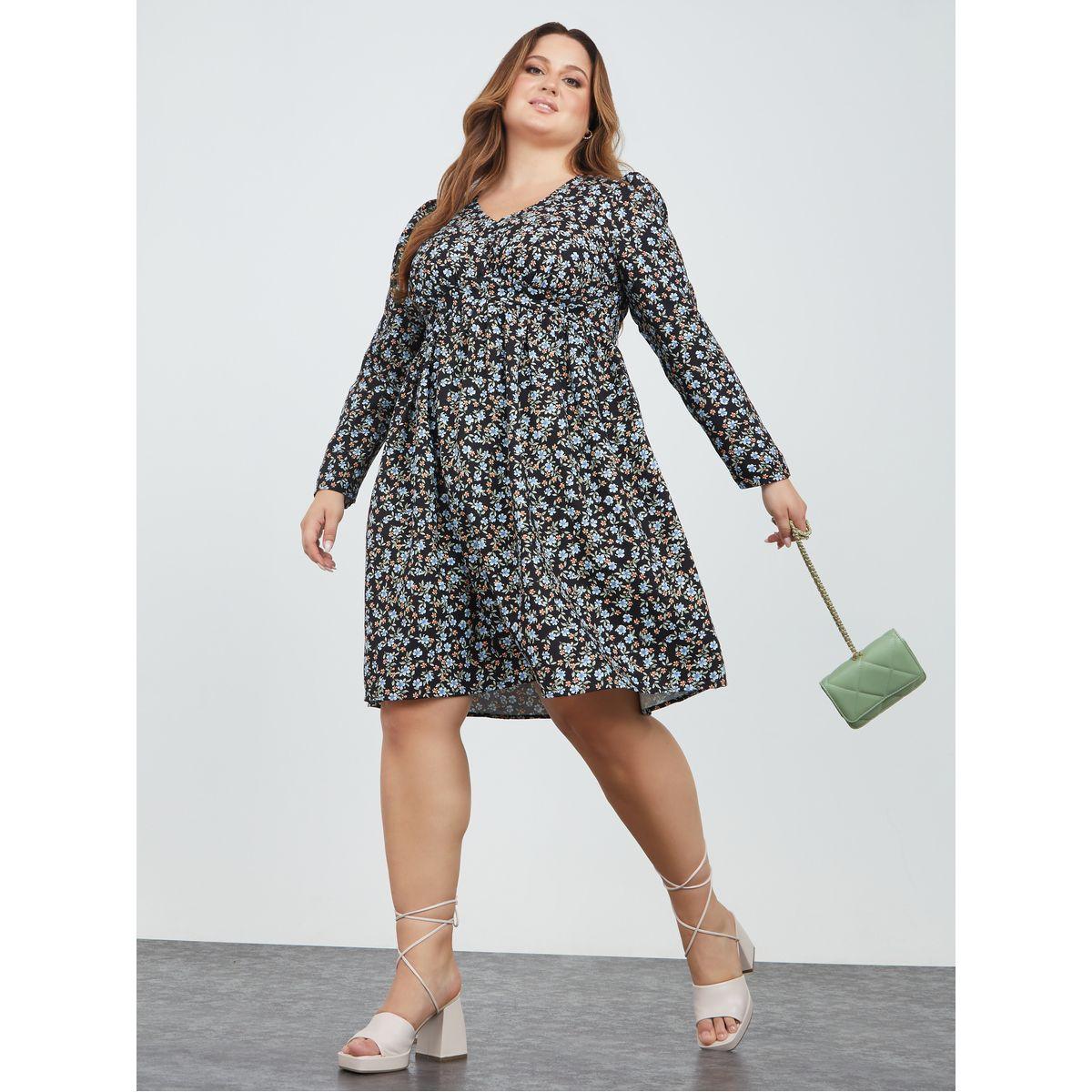 Styli Plus Long Sleeves Floral Skater Knee Length Dress-women-clothing-dresses-image-1