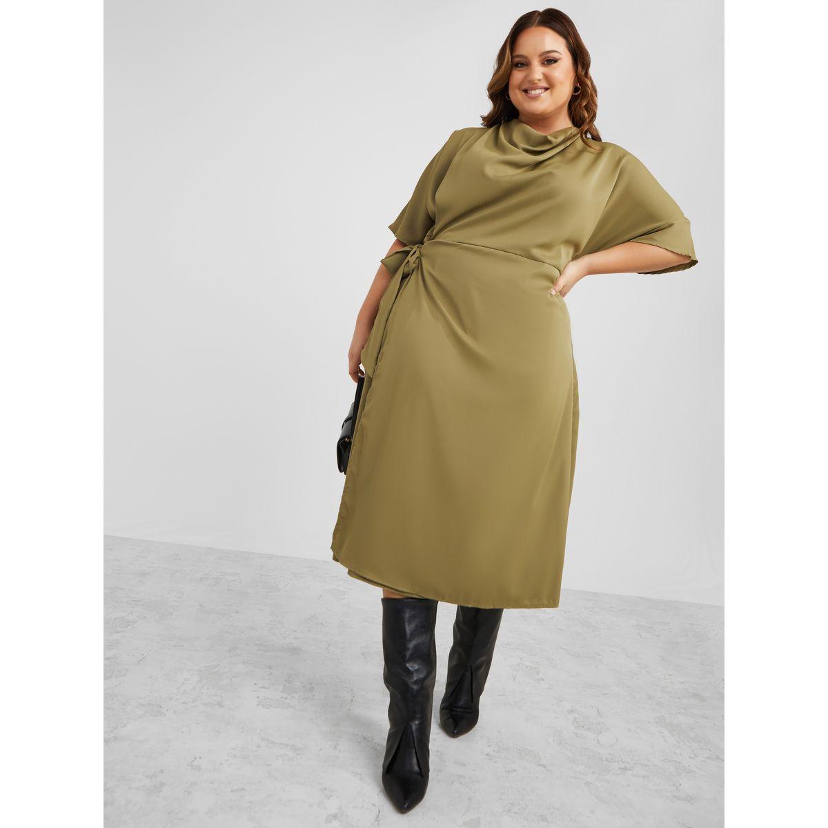 فستان ميدي بياقة منسدلة مع أربطة-women-clothing-dresses-image-1