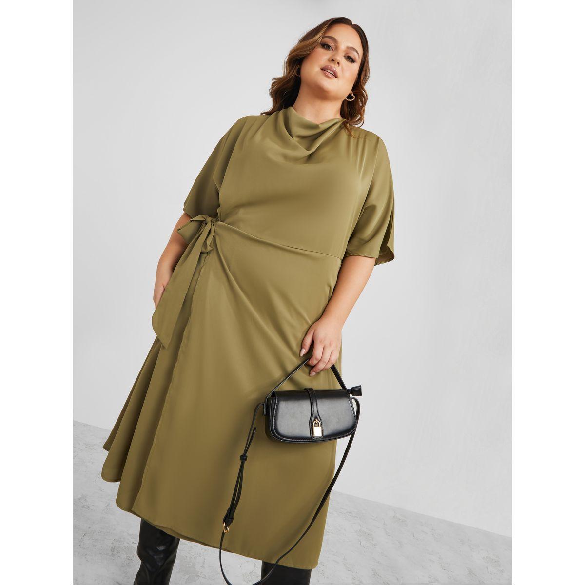 فستان ميدي بياقة منسدلة مع أربطة-women-clothing-dresses-image-2