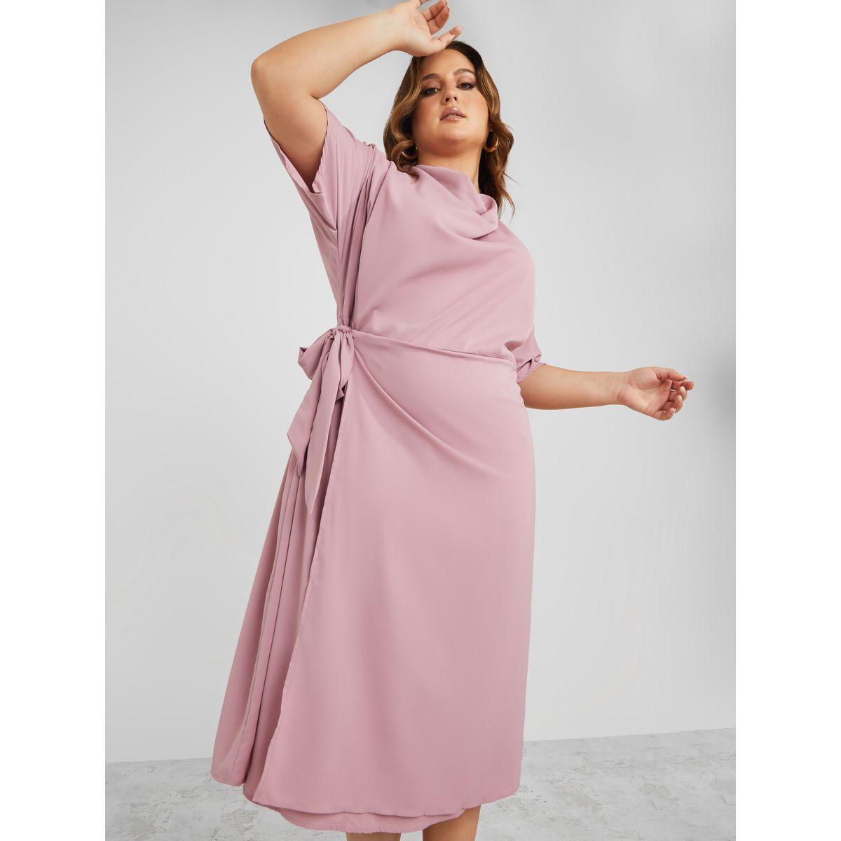 Styli Plus Cowl Neck Midi Dress with Tie Waist Detail-women-clothing-dresses-image-1