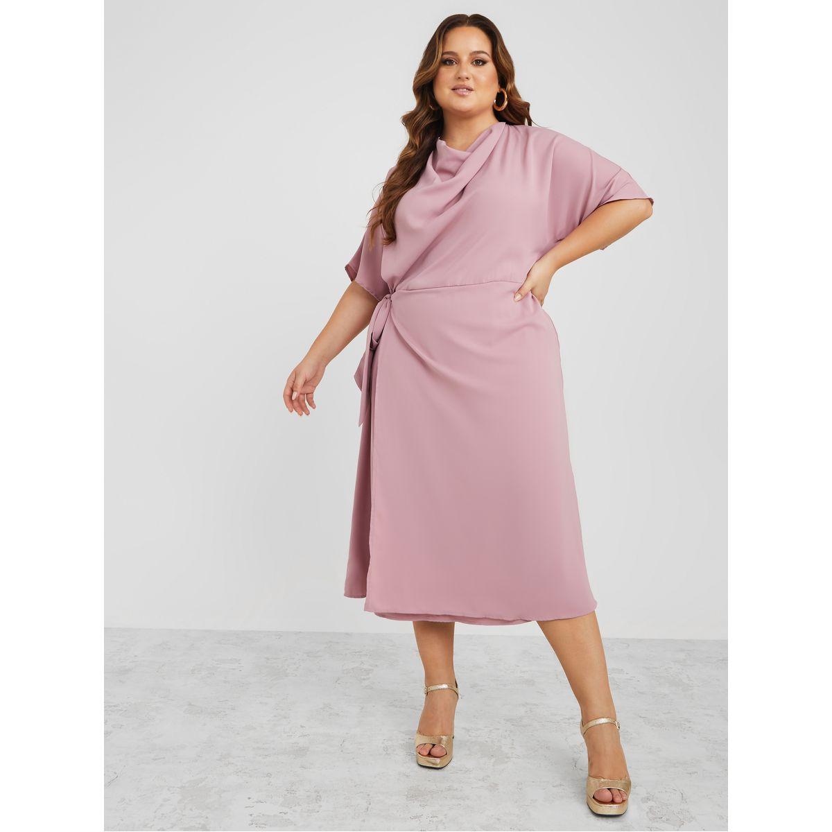 Styli Plus Cowl Neck Midi Dress with Tie Waist Detail-women-clothing-dresses-image-2