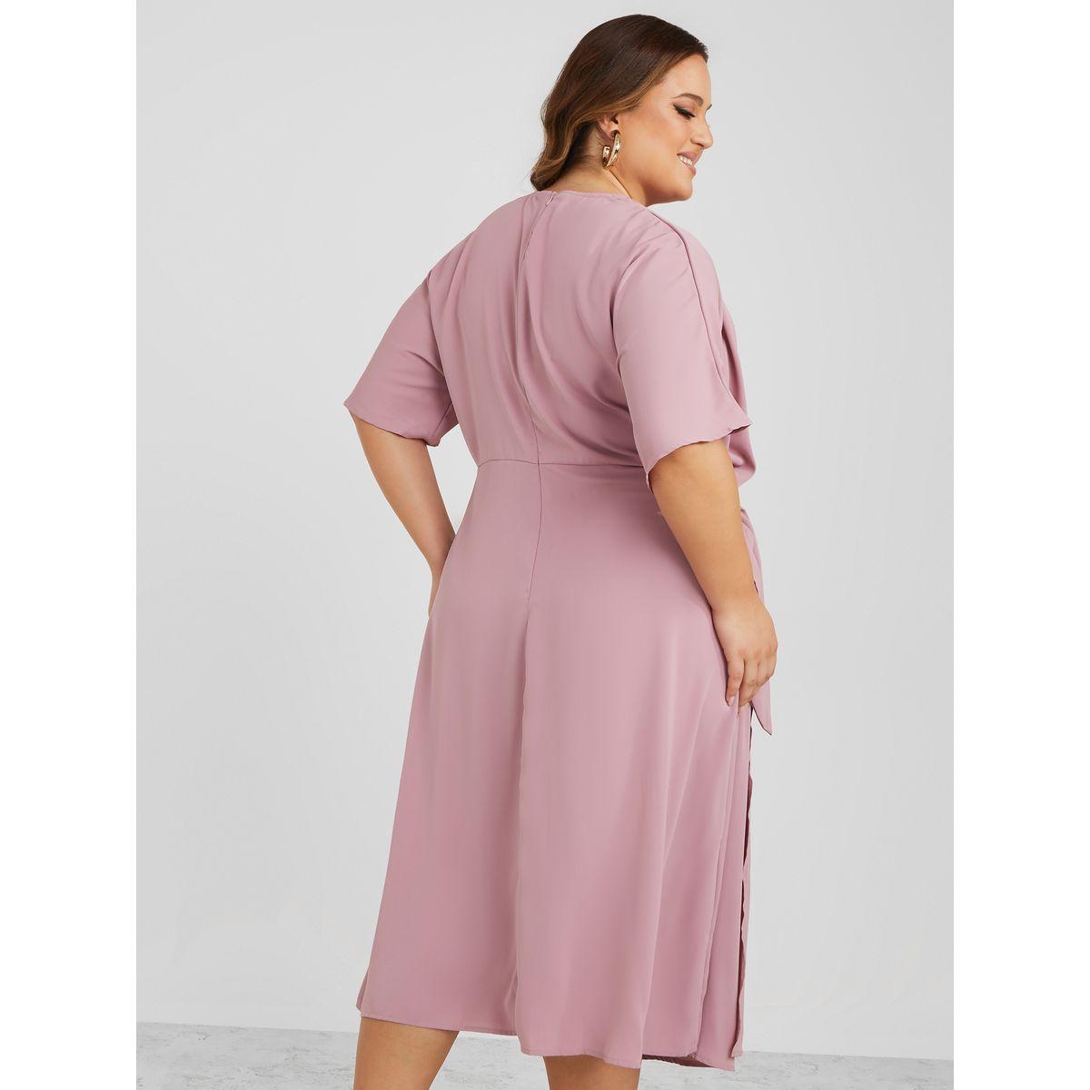 Styli Plus Cowl Neck Midi Dress with Tie Waist Detail-women-clothing-dresses-image-4