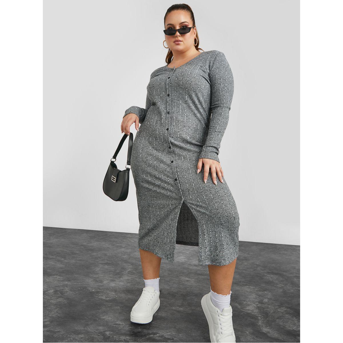 Styli Plus Long Sleeves Marl Knit Midi Dress-women-clothing-dresses-image-1