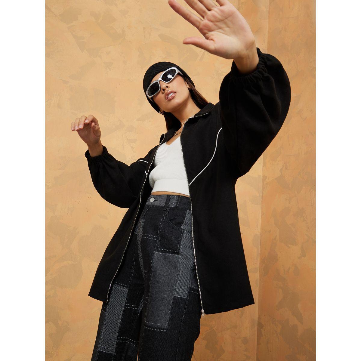 Styli Longline Contrast Piping Detail Zip Through Oversized Jacket-women-winterwear-coatsandjackets-jackets-image-3