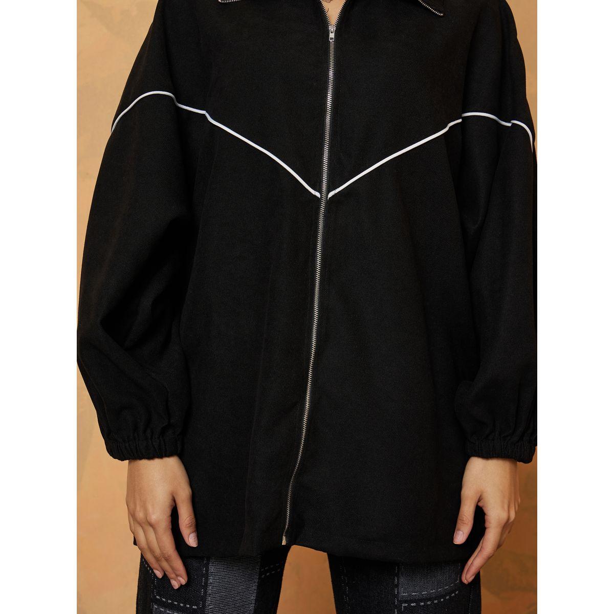 Styli Longline Contrast Piping Detail Zip Through Oversized Jacket-women-winterwear-coatsandjackets-jackets-image-4