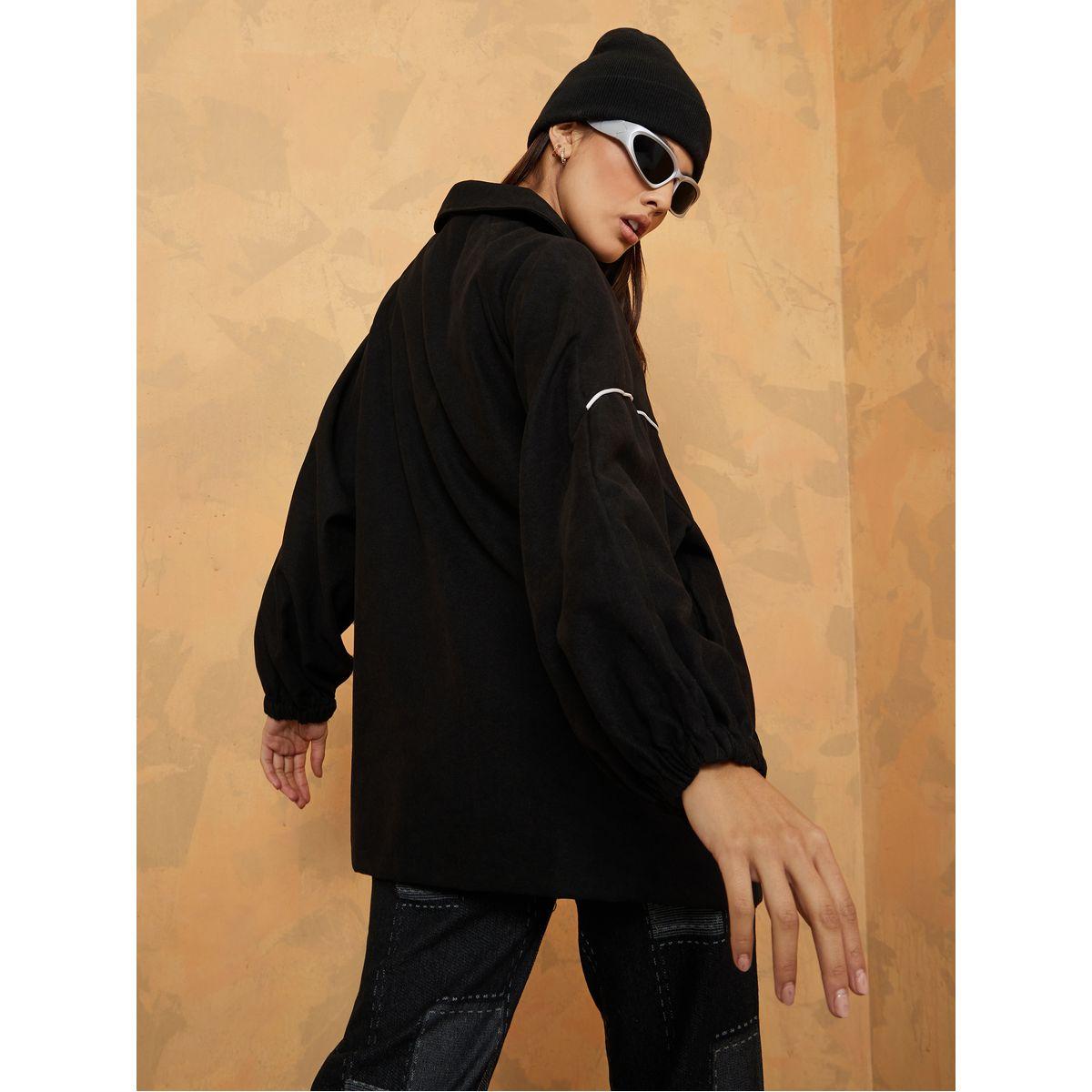 Styli Longline Contrast Piping Detail Zip Through Oversized Jacket-women-winterwear-coatsandjackets-jackets-image-5