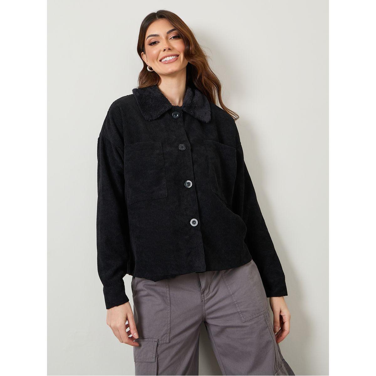 Styli Regular Length Corduroy Jacket with Faux Fur Lining-women-winterwear-coatsandjackets-jackets-image-3
