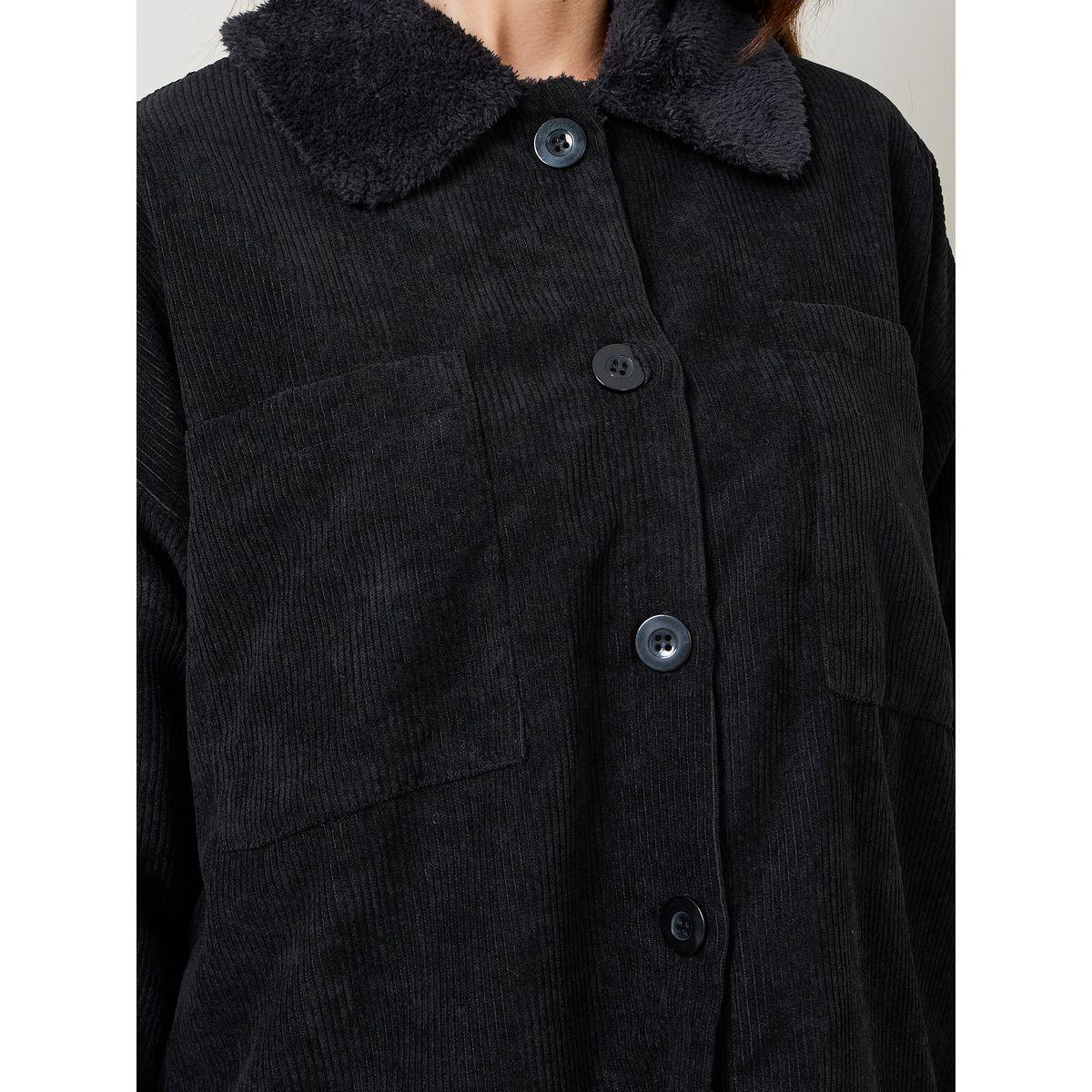 Styli Regular Length Corduroy Jacket with Faux Fur Lining-women-winterwear-coatsandjackets-jackets-image-4